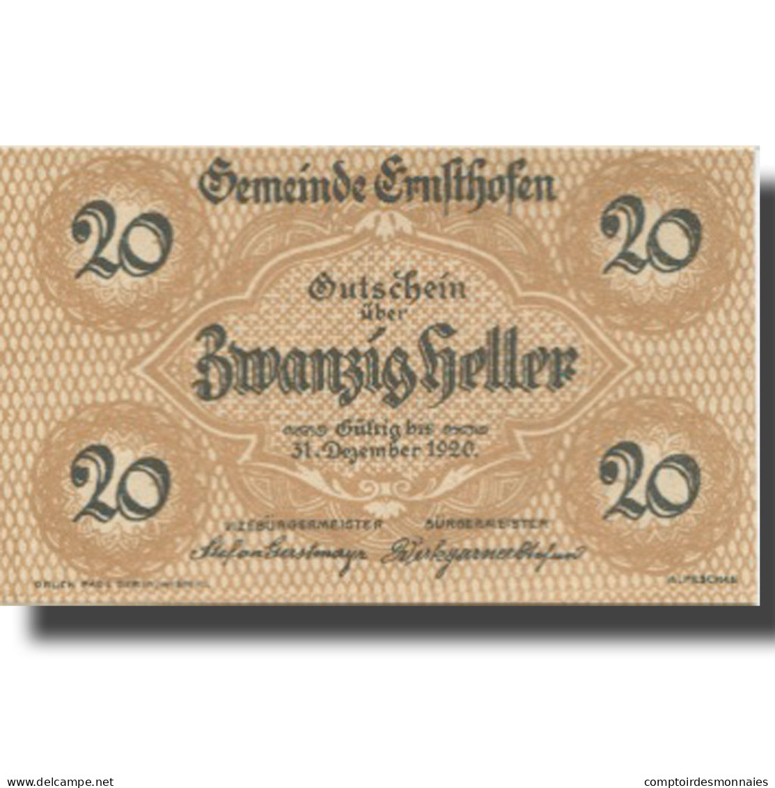 Billet, Autriche, Ernsthofen, 20 Heller, Eglise 1, 1920 SPL Mehl:FS 184a - Oesterreich