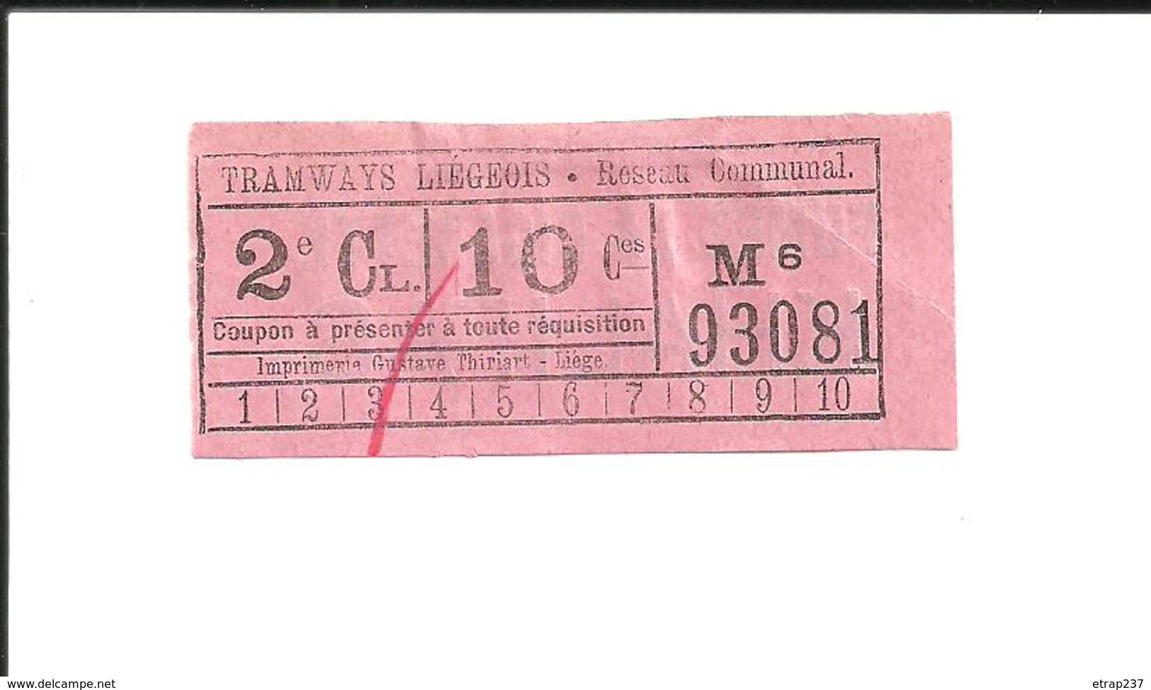 1 Ticket Très Ancien. Tramways Liégeois (Belgique). Réseau Communal. Voir Description - Europa