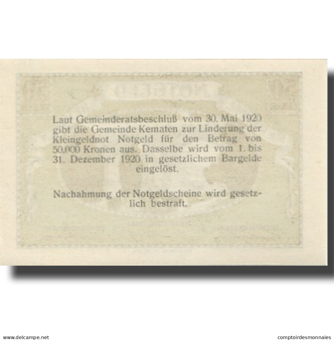 Billet, Autriche, Kematen, 50 Heller, Pont 1, 1920, 1920-12-31, SPL, Mehl:FS 431 - Austria