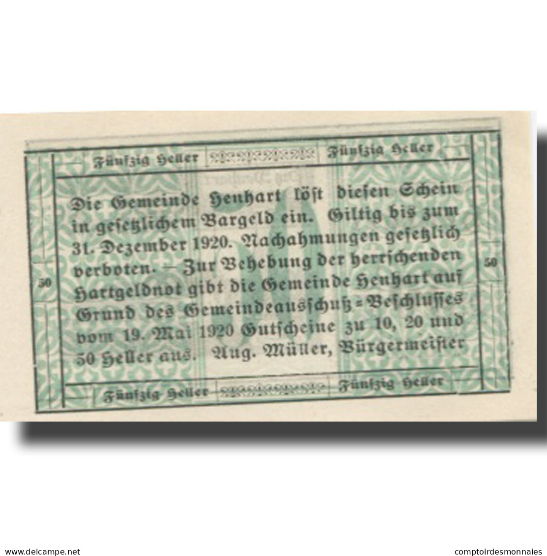 Billet, Autriche, Henhart, 50 Heller, Village 1920-12-31, SPL Mehl:FS 366a - Oesterreich