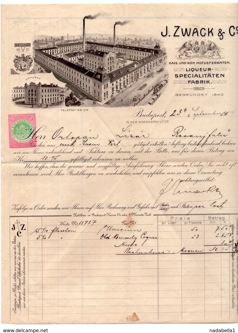 1909  HUNGARY,BUDAPEST,J.ZWACK & CO,INVOICE ON COMPANY LETTERHEAD,LIQUEUR DISTILLERY,IMPRINTED REVENUE  STAMP - Other & Unclassified