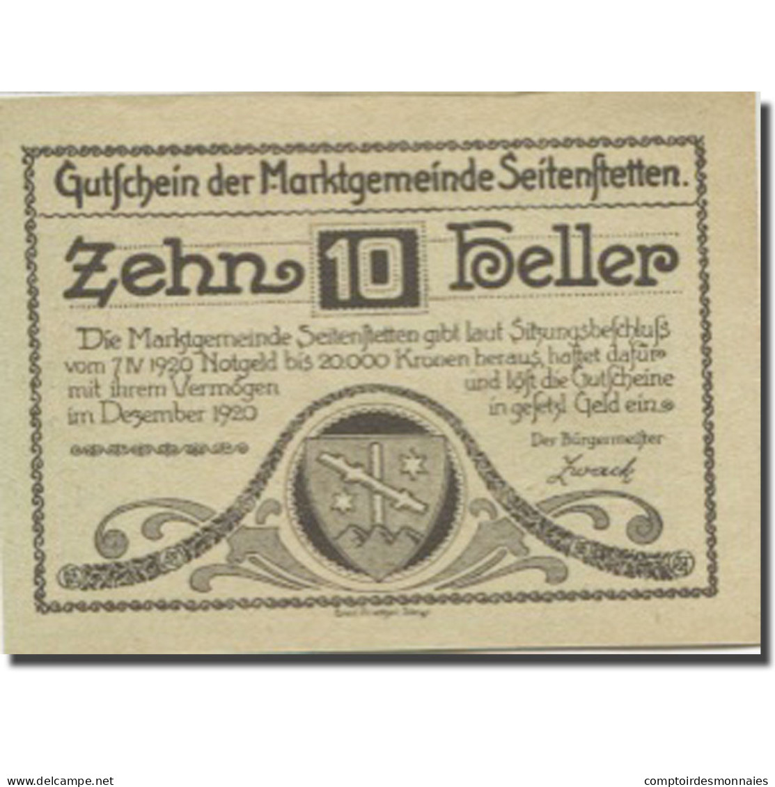 Billet, Autriche, Seitenstetten, 10 Heller, Blason, 1920 SPL Mehl:FS 990 - Oesterreich