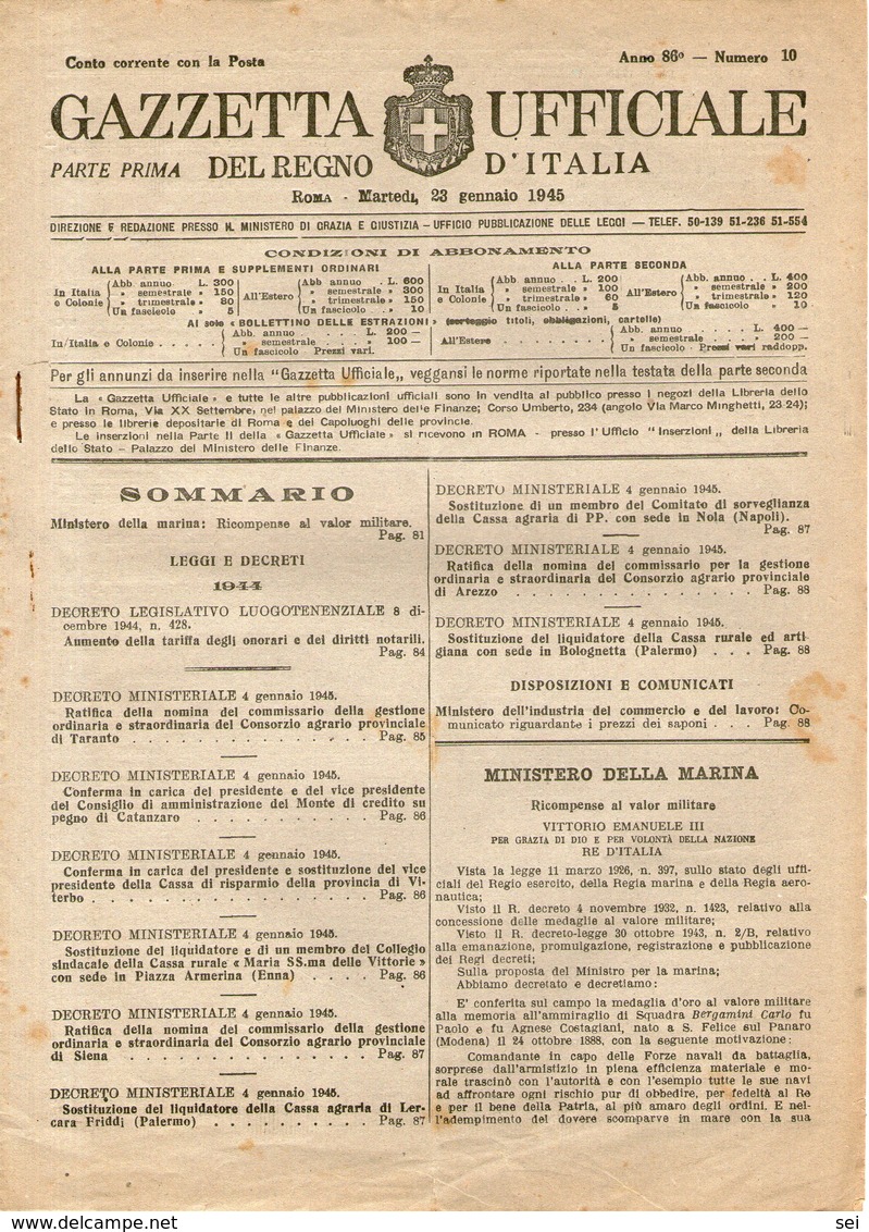 B 3001  -  Gazzetta Ufficiale Del Regno D'Italia,  1945 - Decreti & Leggi