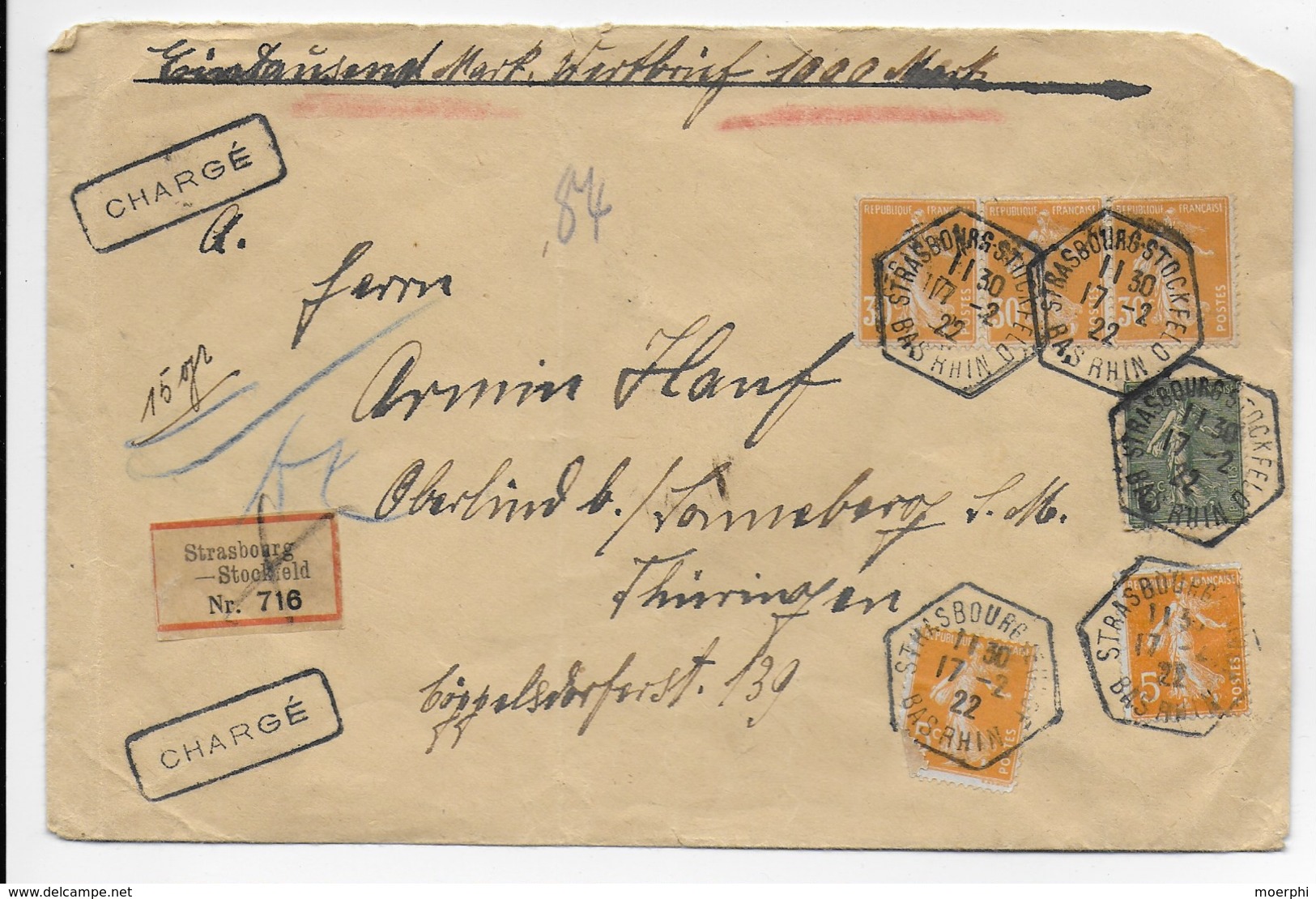 Frankreich 1922 - Wertbrief-Einschreiben Strasbourg-Stockfeld Bas Rhin Nach Thüringen - Chargé - Stempel - Storia Postale
