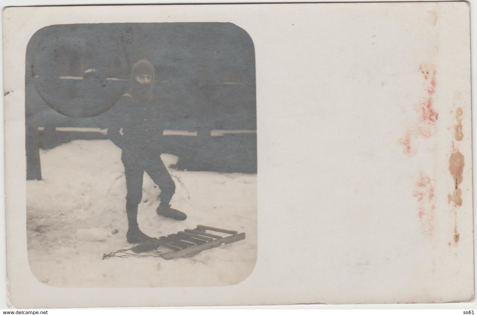 8645 Eb.   Foto Cartolina Ragazzo Boy Sulla Neve Snow Pasqua 1917 Da  Busto Arsizio A Pesaro FP - Persone Anonimi