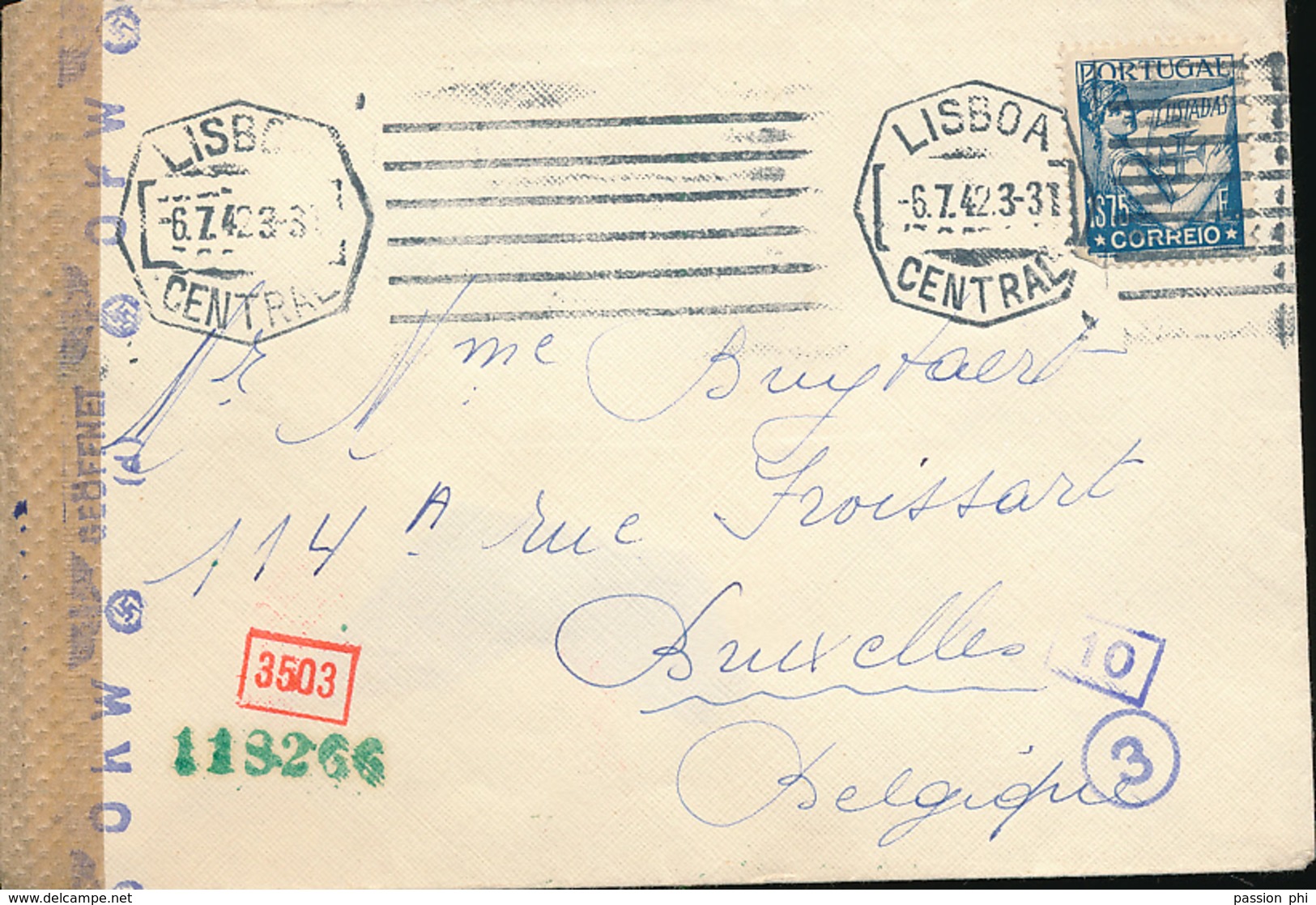 PORTUGAL WWII CENSORED COVER FROM LISBOA 1942 TO BRUSSELS - Lettres & Documents