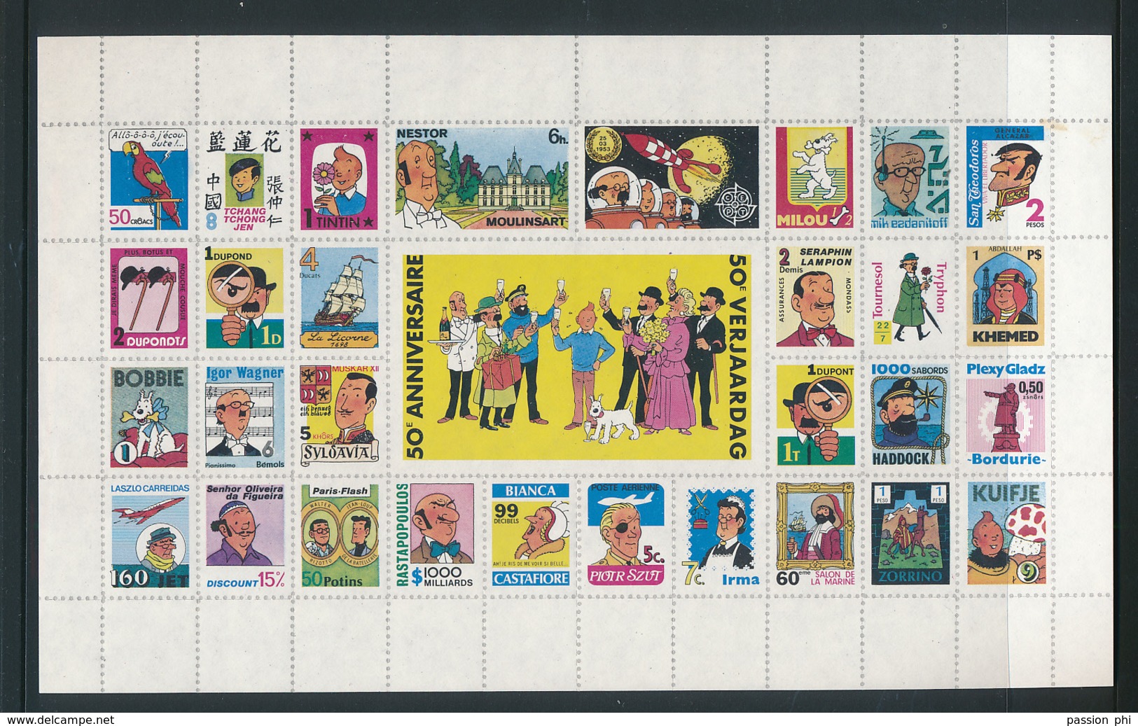 HERGE TINTIN KUIFE 50° ANNIVERSAIRE VERJAARDAG TINTIN'S STAMPS SMALL SHEET WITH GUM - Hergé