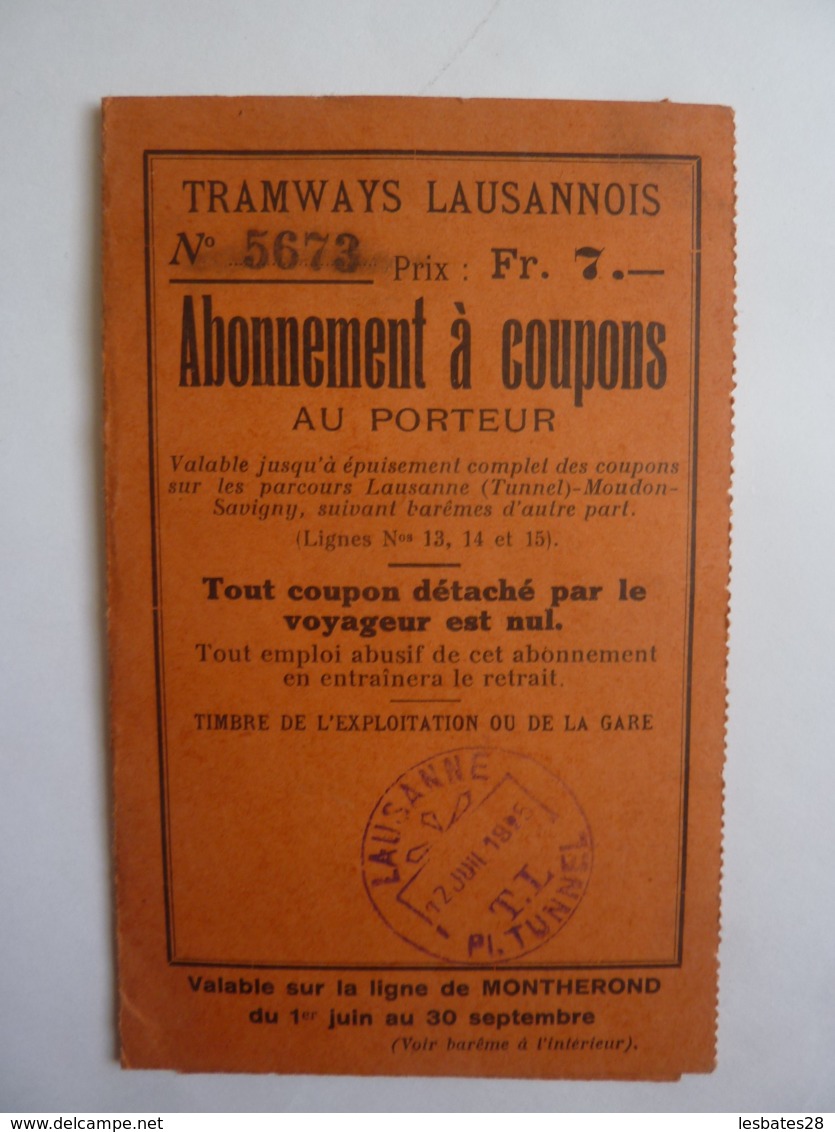 SUISSE  LAUSANNE TRAMWAYS LAUSANNOIS Abonnement à Coupons Ligne De Montherond  1925 JAN 2020 GERA  ALB - Suisse