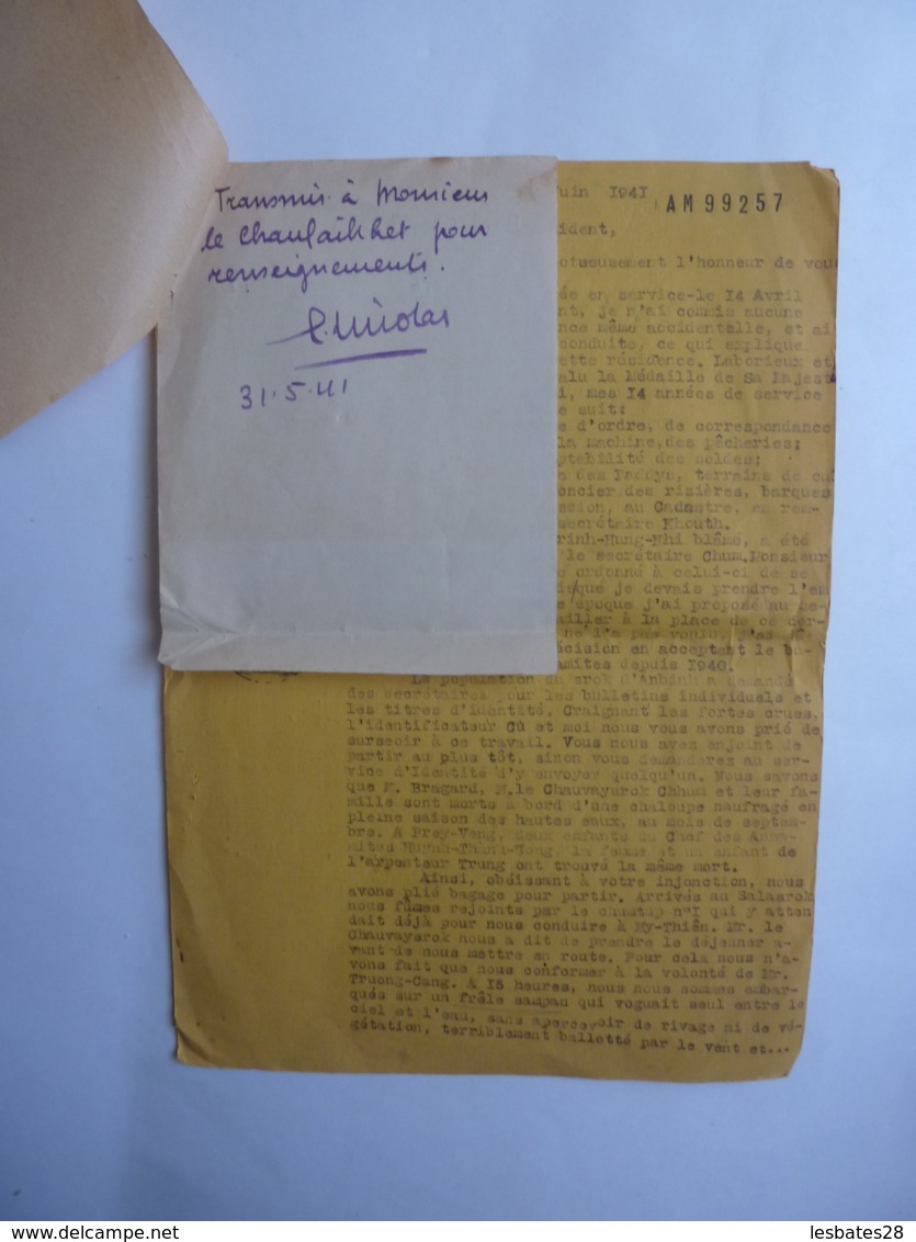 AUTOGRAPHE REPUBLIQUE FRANCAISE INDOCHINE "REQUETES" à M. Le RESIDENT  PREY-VENG 1941  CAMBODGE  JAN 2020 GERA  ALB - Autres & Non Classés