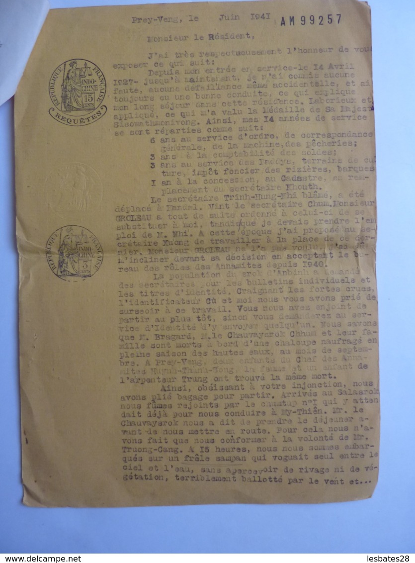 AUTOGRAPHE REPUBLIQUE FRANCAISE INDOCHINE "REQUETES" à M. Le RESIDENT  PREY-VENG 1941  CAMBODGE  JAN 2020 GERA  ALB - Autres & Non Classés