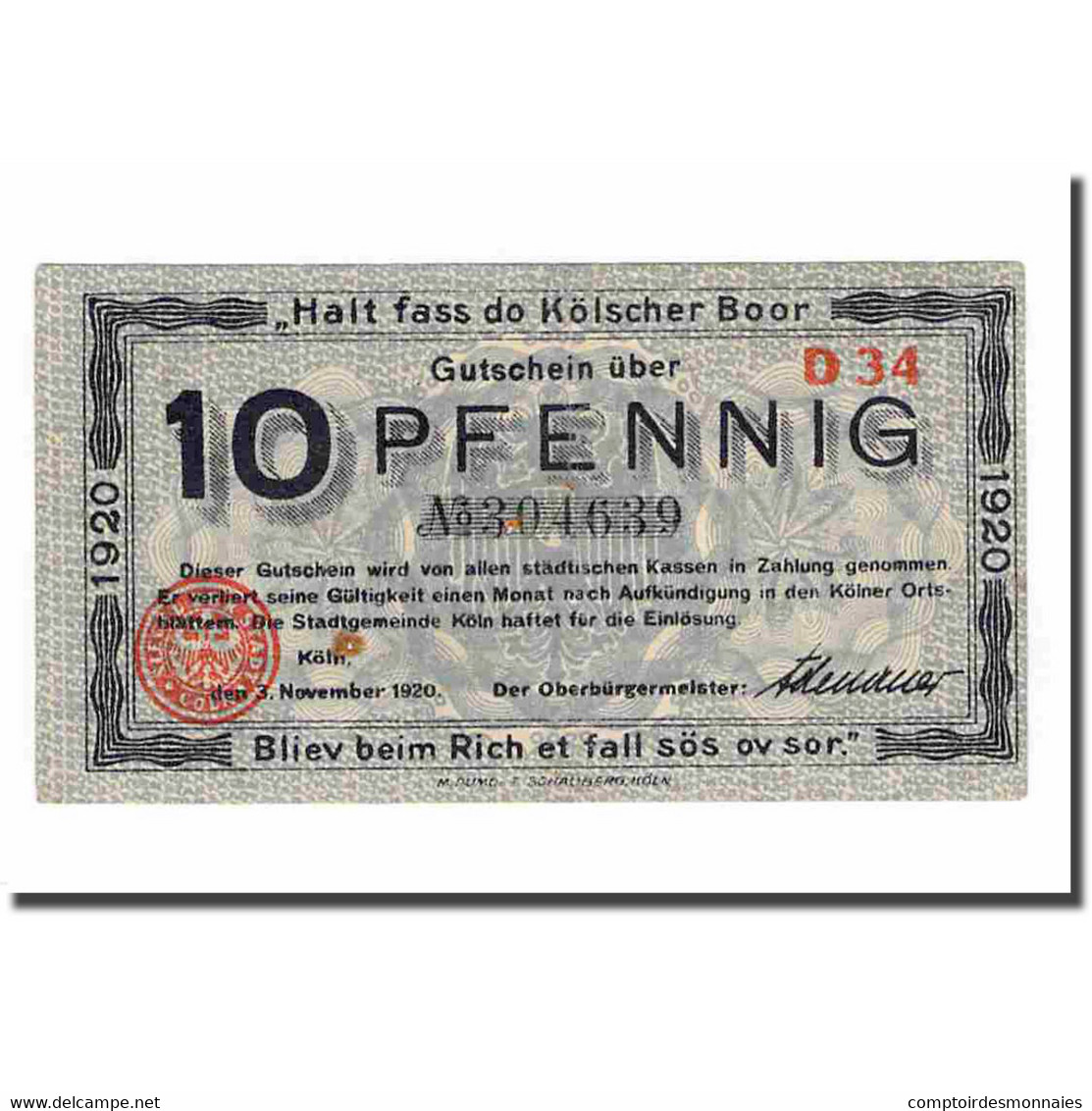 Billet, Allemagne, 10 Pfennig, 1920, 1920-11-03, TTB - Andere & Zonder Classificatie