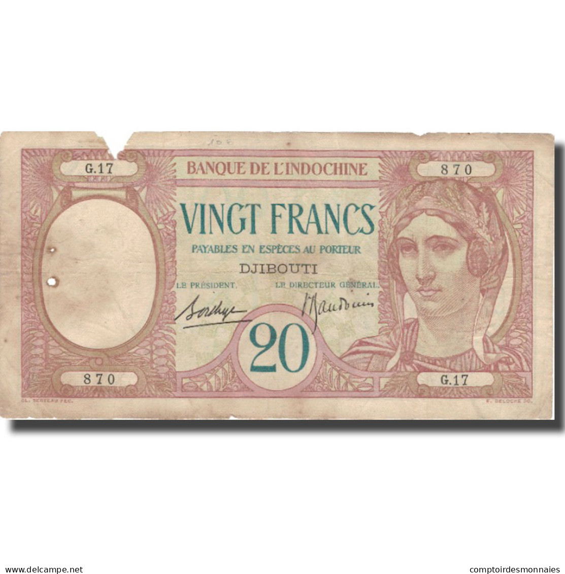 Billet, Côte Française Des Somalis, 20 Francs, KM:7a, TB+ - Indocina