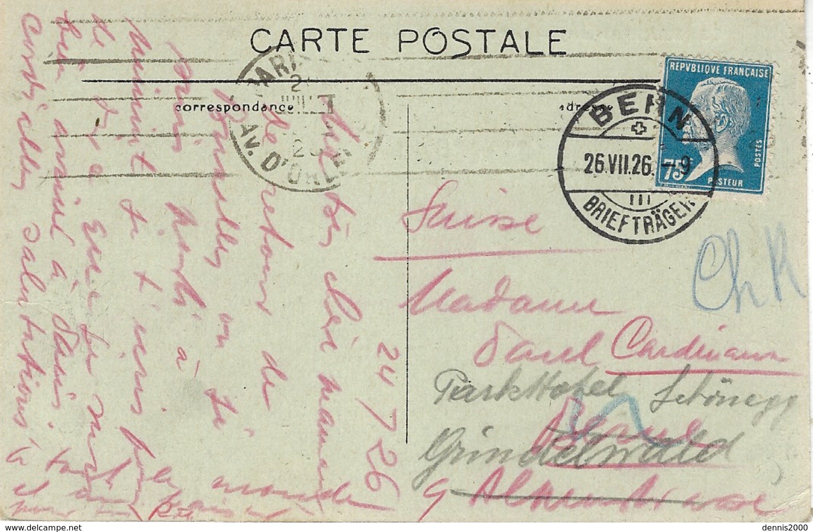 1926- C P A De Paris  Affr. Pasteur 75 C SEUL  Oblit. De BERN ( Suisse ) - 1921-1960: Periodo Moderno