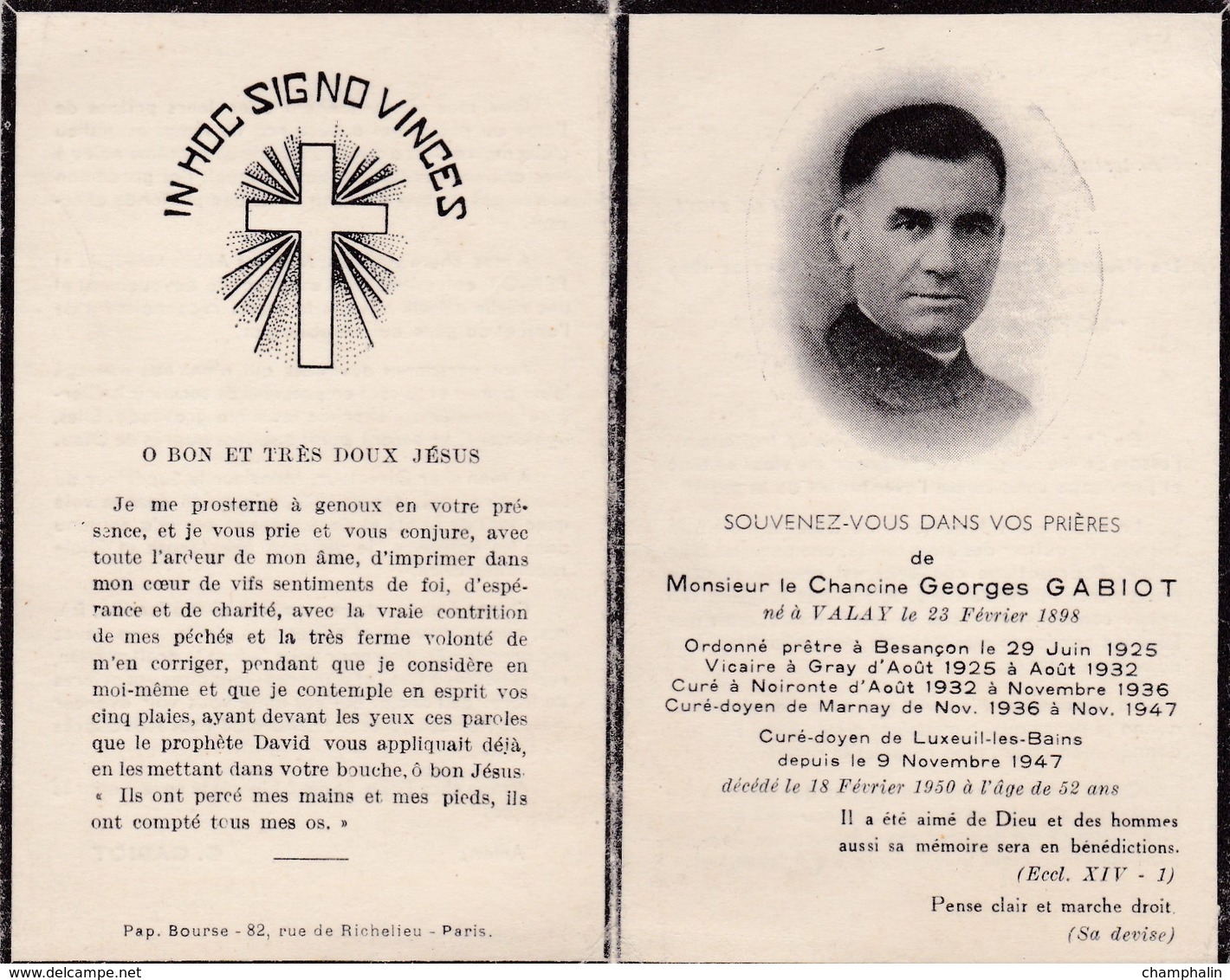 Faire-part Décès - Mémento - Chanoine Georges Gabiot - 18/2/1950 - Valay Gray Marnay Luxeuil (70) Besançon Noironte (25) - Overlijden