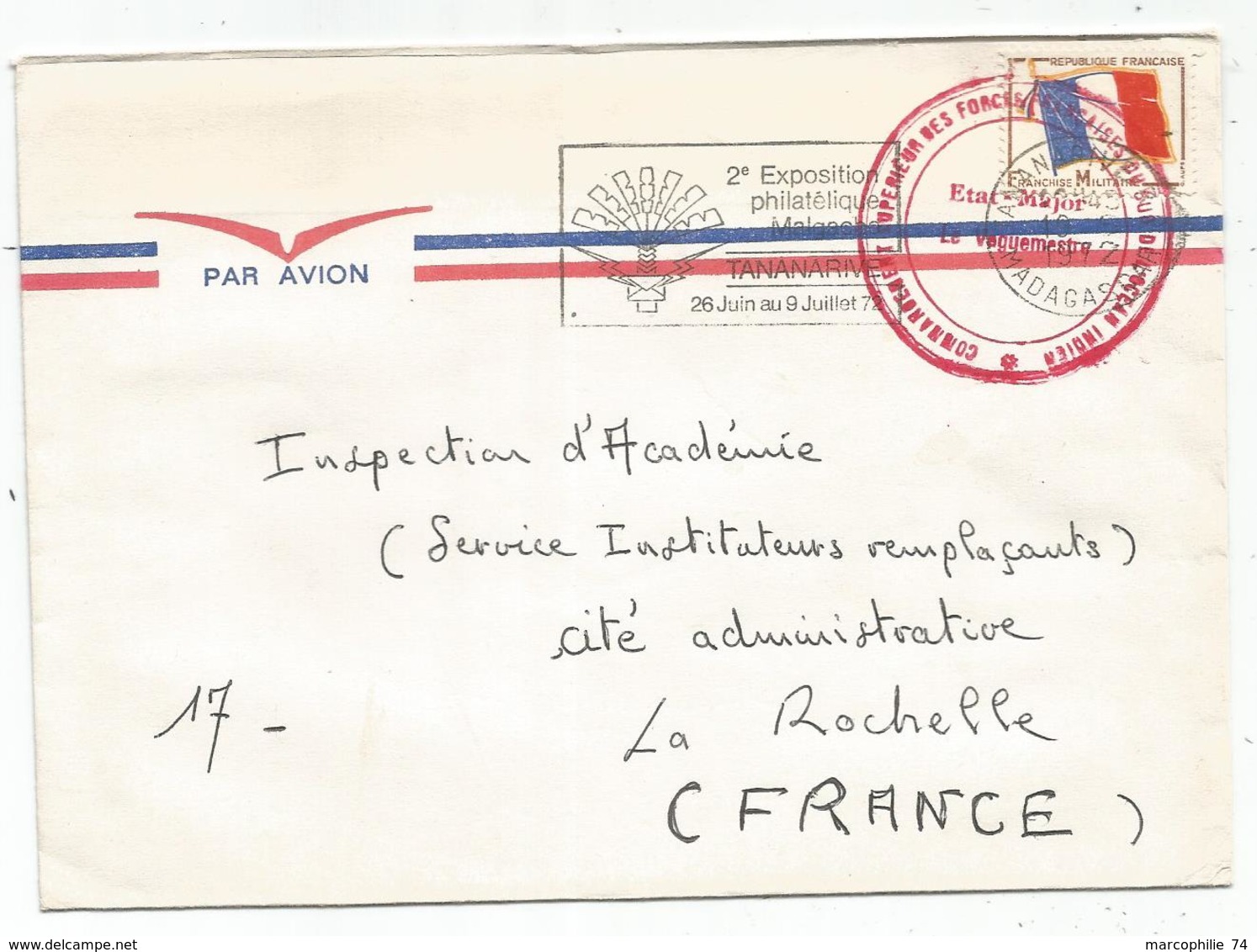 FM DRAPEAU LETTRE AVION TANANARIVE 1972 MADAGASCAR + CACHET ROUGE FORCES FRANCAISES OCEAN INDIEN - Francobolli  Di Franchigia Militare