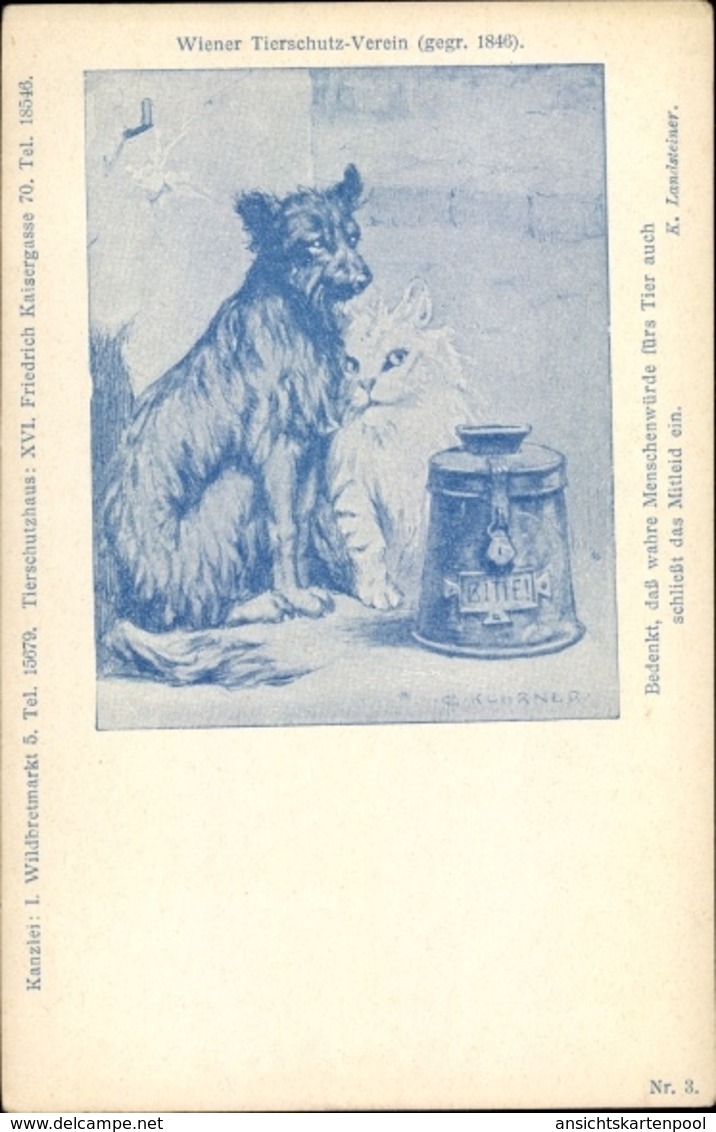 Artiste Lithographie Kührner, C., Hund Und Katze Bitten Um Eine Spende Für Den Wiener Tierschutzverein - Autres & Non Classés