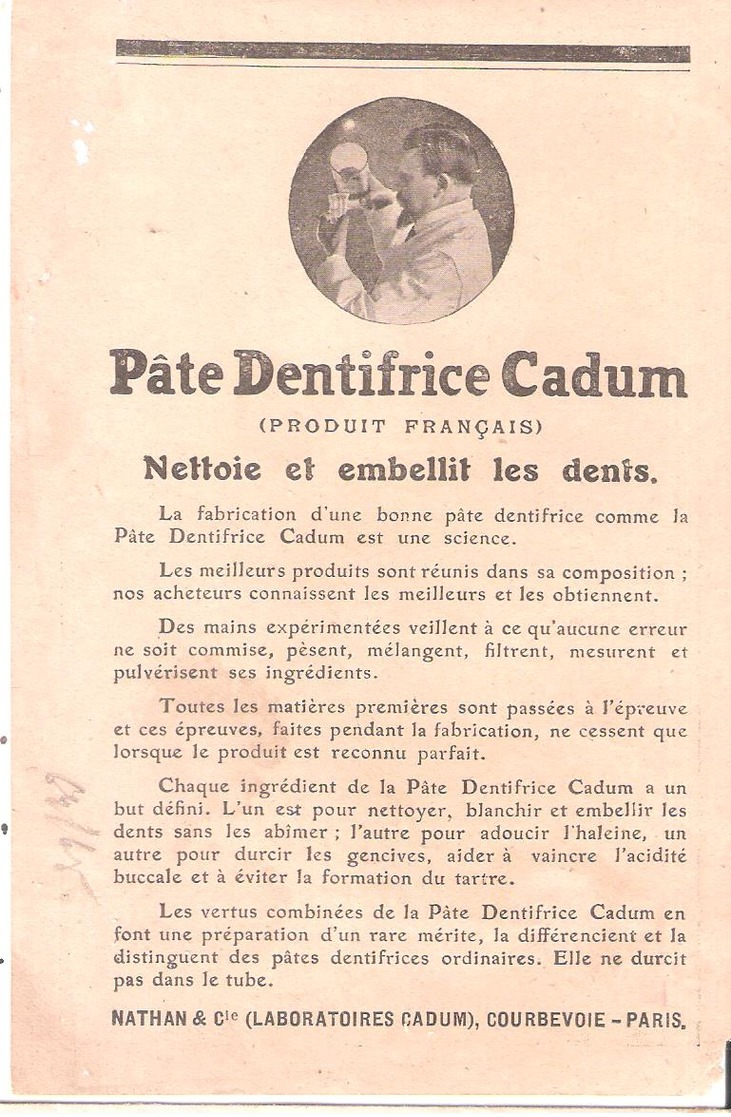 Carte Réclame Pour La PATE DENTIFRICE CADUM - Publicités