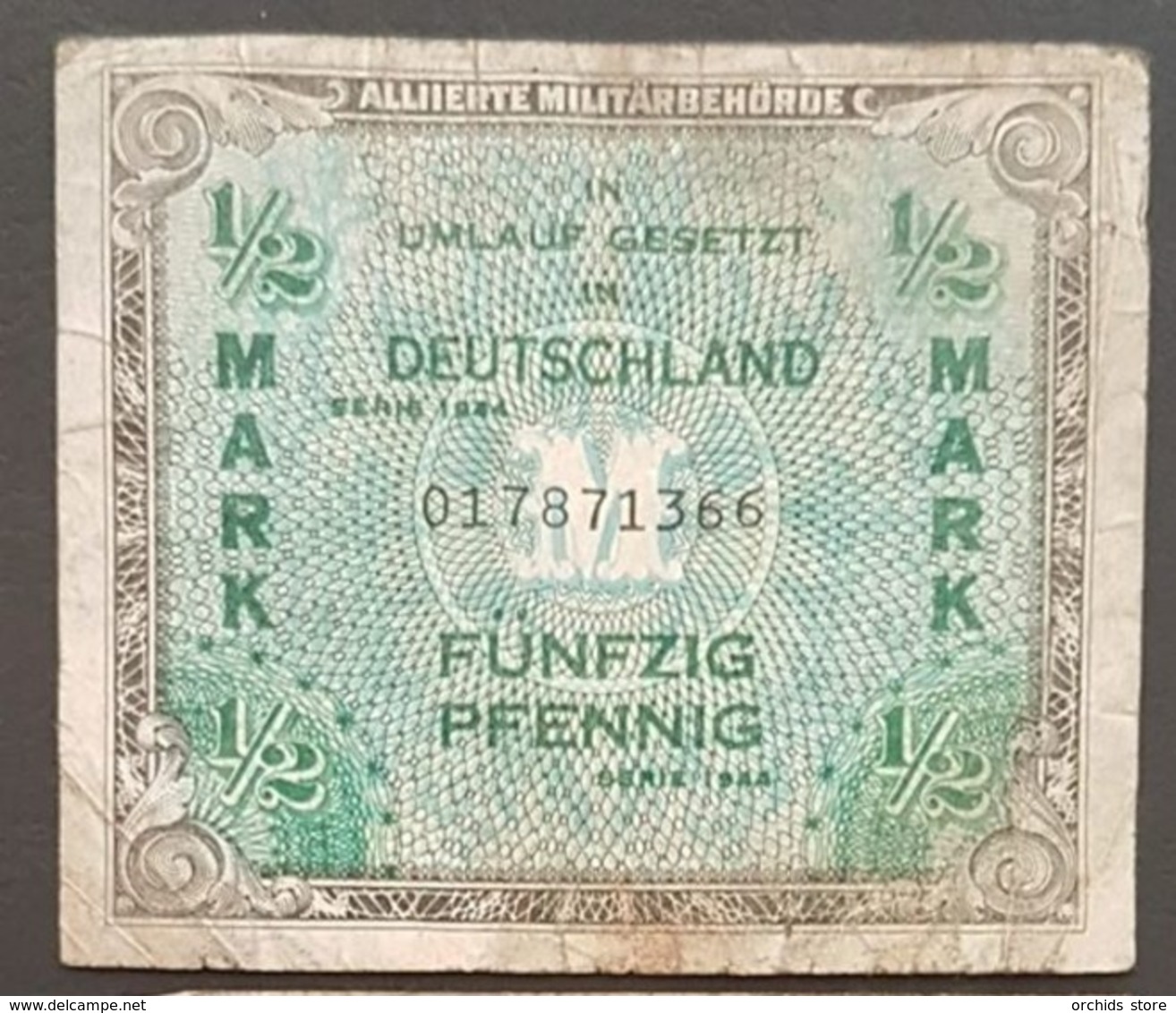 FA - WWII USA Allies Occupation Of Germany 1944 1/2 Mark Banknote 017871366 - 1/2 Mark