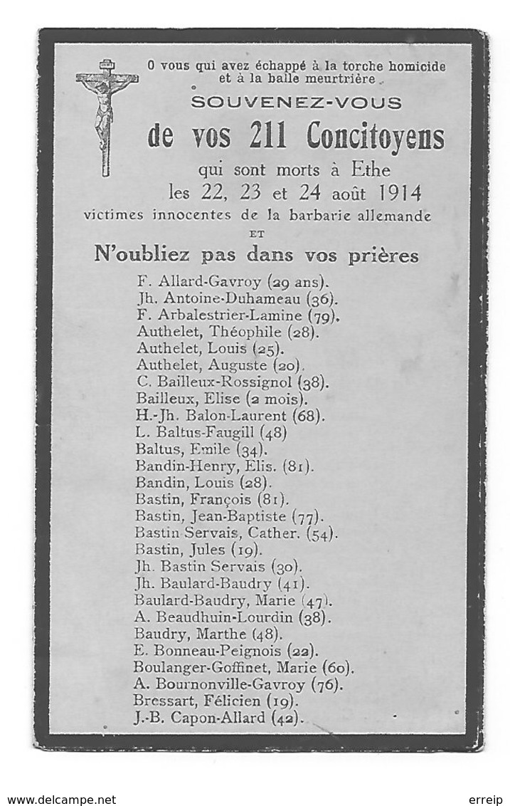 Ethe Souvenir Mortuaire 22.23.24 Aout 1914 - Virton