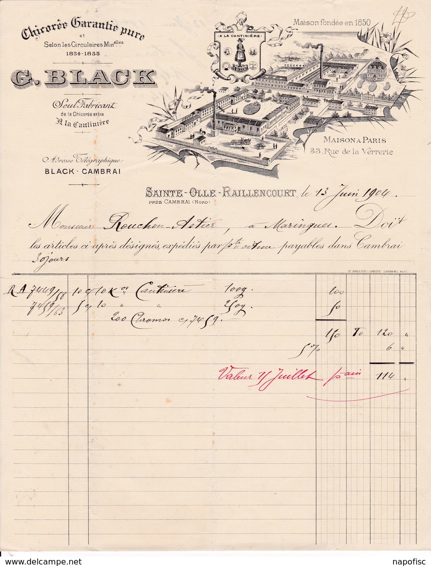 59-G.Black ....Chicorée Pure.. " A La Cantinière "...Sainte-Olle-Raillencourt.....(Nord)..1904 - Alimentare