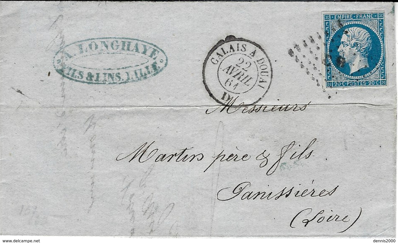 1861 - Lettre  Cad AMB.  CALAIS A DOUAI  D  Affr. N°14 Oblit.  Los. C D - Spoorwegpost