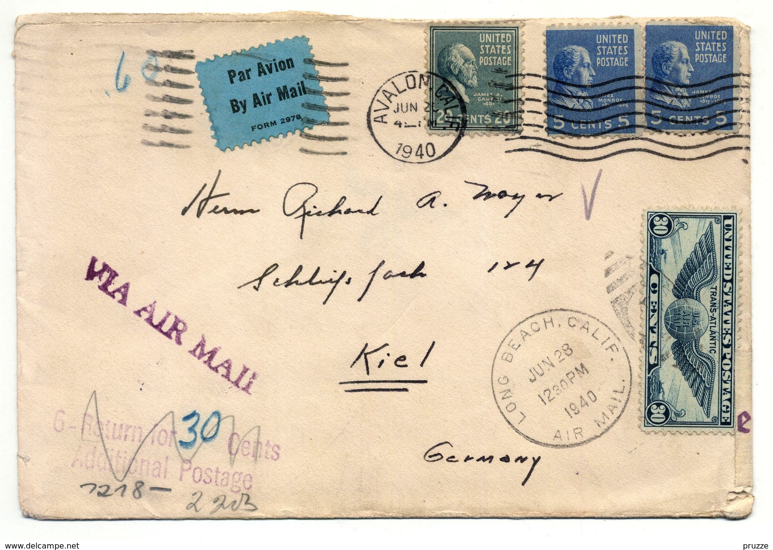 Avalon, California 1940 Nach Kiel - Brief, Luftpost, Zensur, Ohne Inhalt - 1921-40