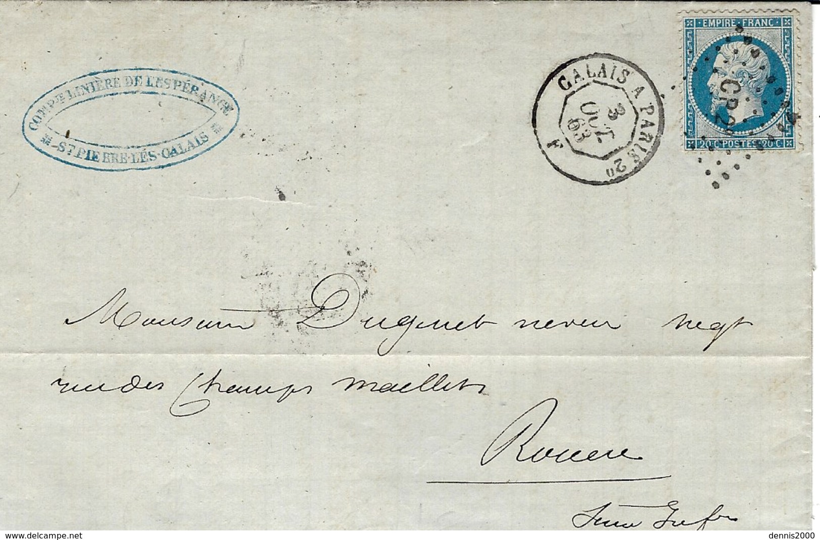 1863 - Lettre  Cad AMB.  CALAIS A  PARIS 2°  F   Jour    Affr. N°14 Oblit.  Los.  C P 2° - Posta Ferroviaria