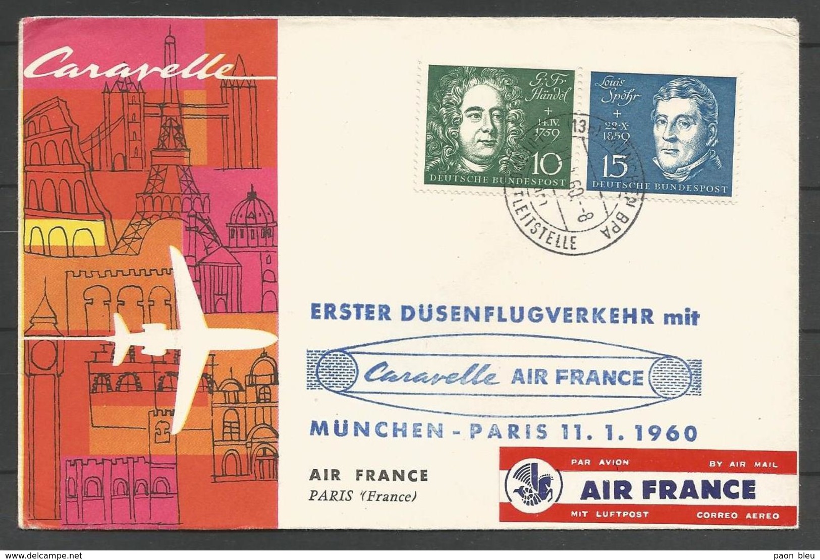 Aerophilatelie - Deutschland - Luftpost - 1960 - Erstflug Air France Caravelle München-Paris - Händel - Spöhr - Poste Aérienne