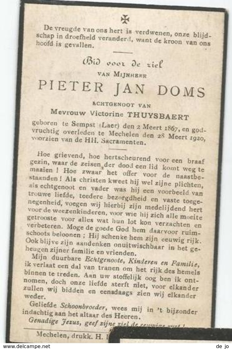 DOMS Pieter Jan °1867 Zemst Laar +1920 Mechelen E Thuysbaert Doodsbrief Image Mortuaire - Religion & Esotérisme