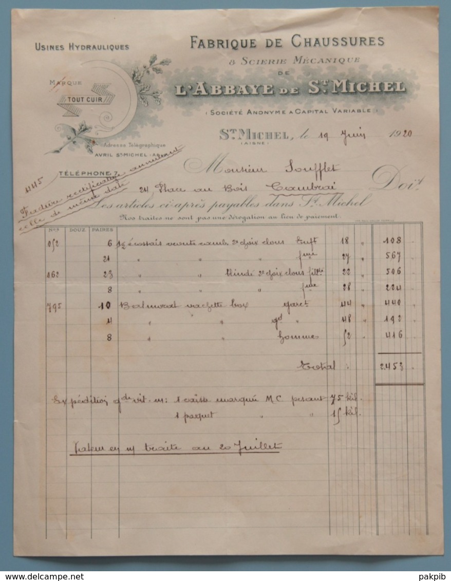 02 AISNE SAINT MICHEL FACTURE FABRIQUE DE CHAUSSURES 1920 - 1900 – 1949