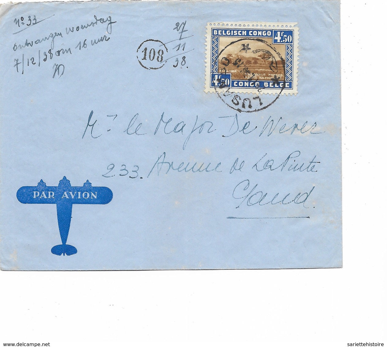 SH 0277. N° 208 Seul (du BF Costermansville) Obl. LUSAMBO 28.11.36 S/L. AVION V. Gand. TB - Lettres & Documents