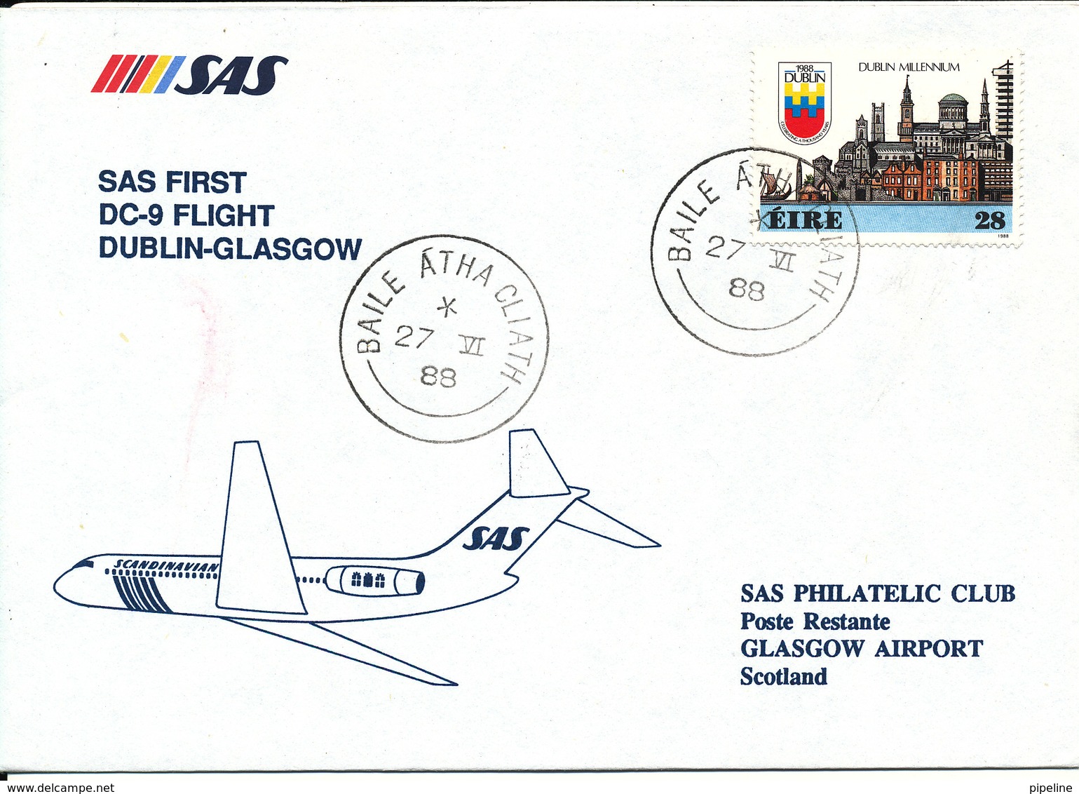 Ireland Cover First SAS DC-9 Flight Dublin - Glasgow 27-6-1988 - Covers & Documents