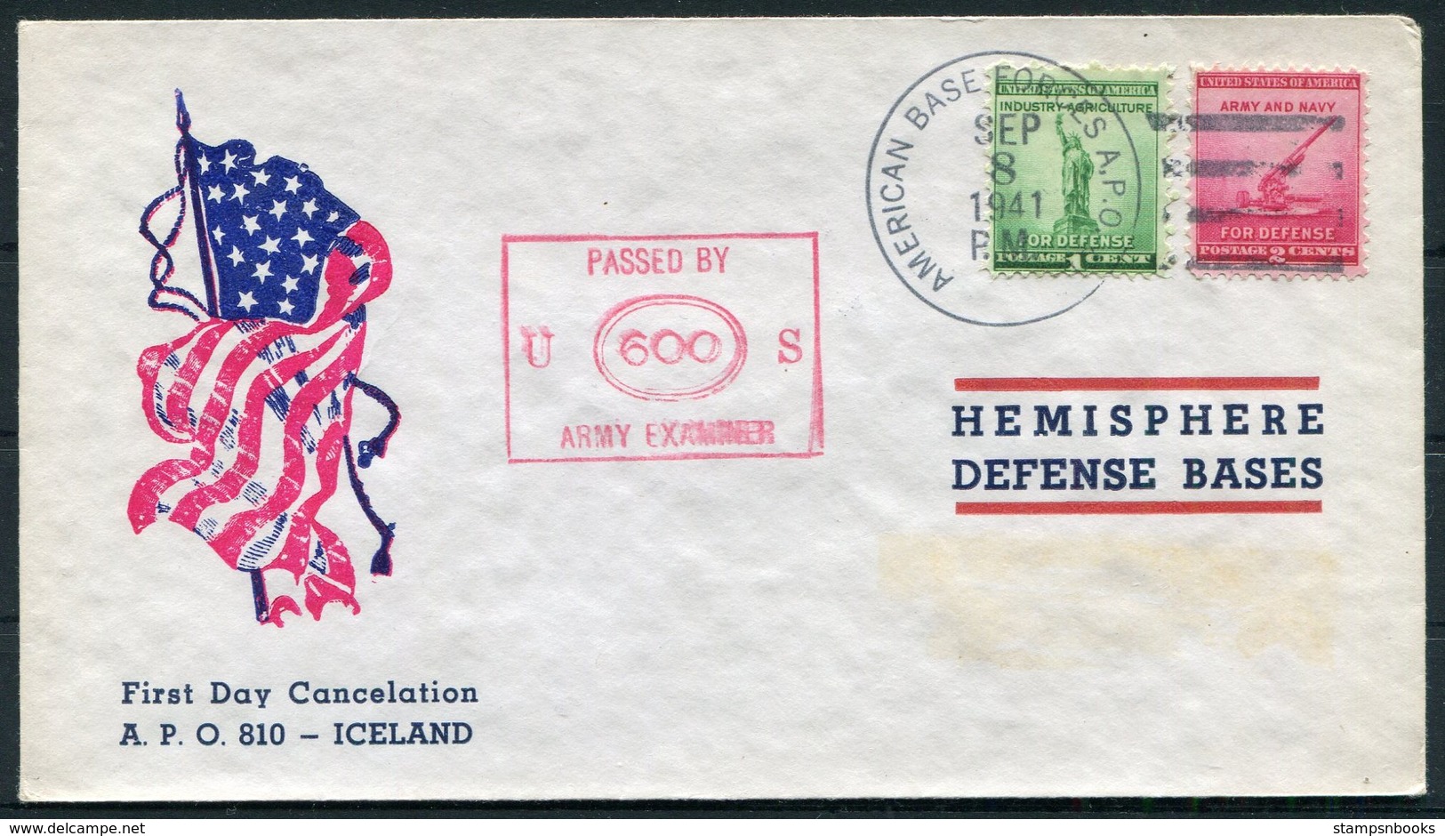 1941 Iceland USA Fieldpost American Base Forces A.P.O. 810 Patriotic Flag Censor Cover - Covers & Documents