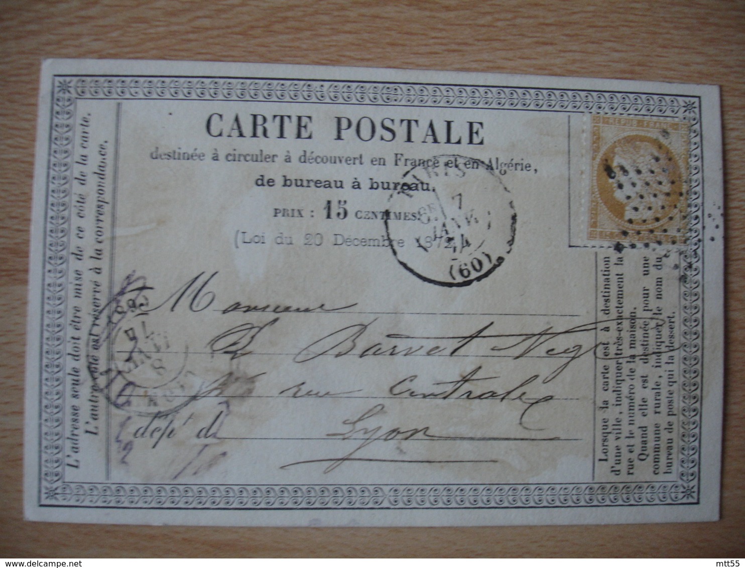 1874 Carte Postale Precurseur Bureau A Bureau Paris 60 Etoile Timbre Ceres  15 - 1849-1876: Période Classique