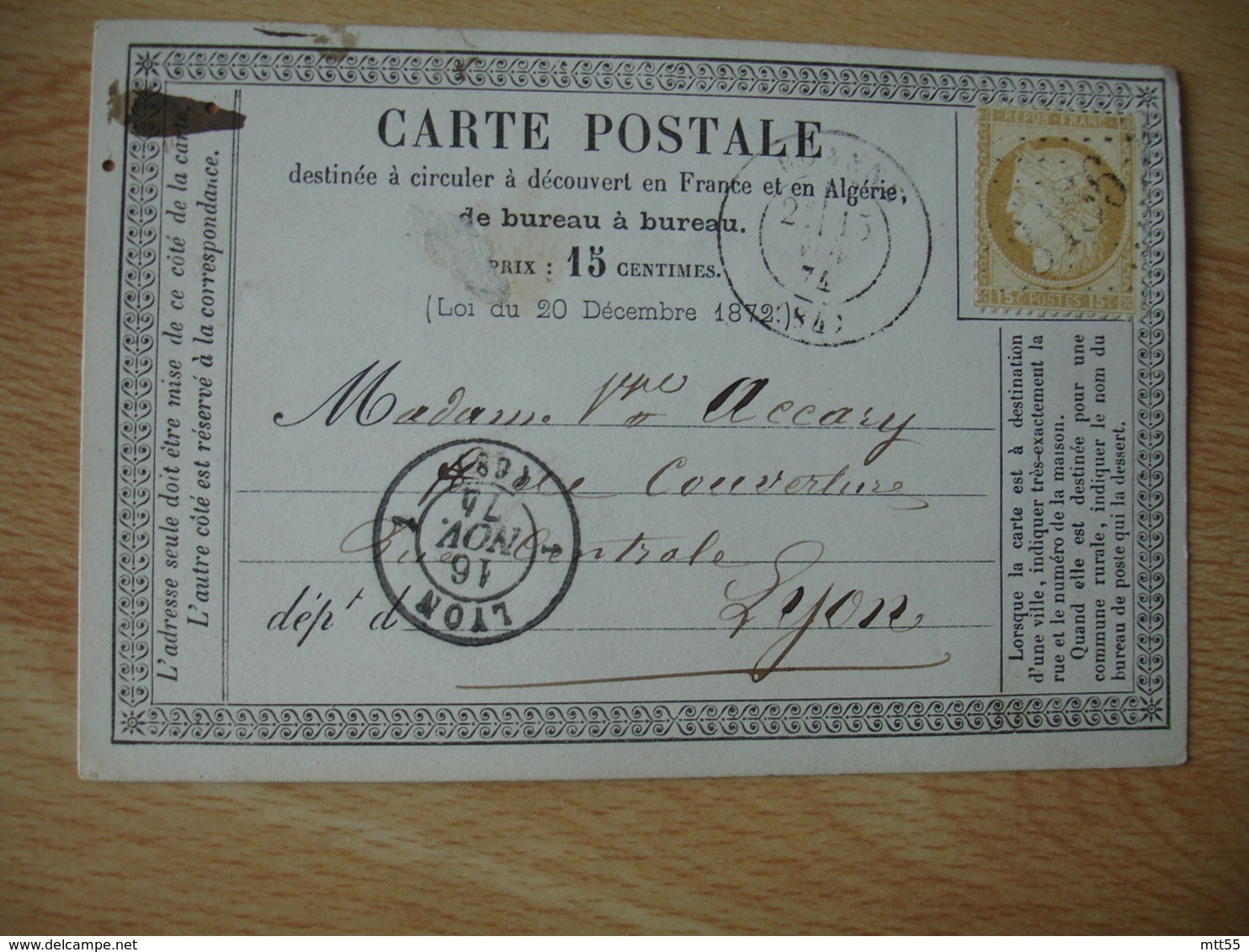 Carte Postale Precurseur Bureau A Bureau Roanne Cachet Type 18 Gros Chiffre 3156 Timbre Ceres 15 C - 1849-1876: Période Classique