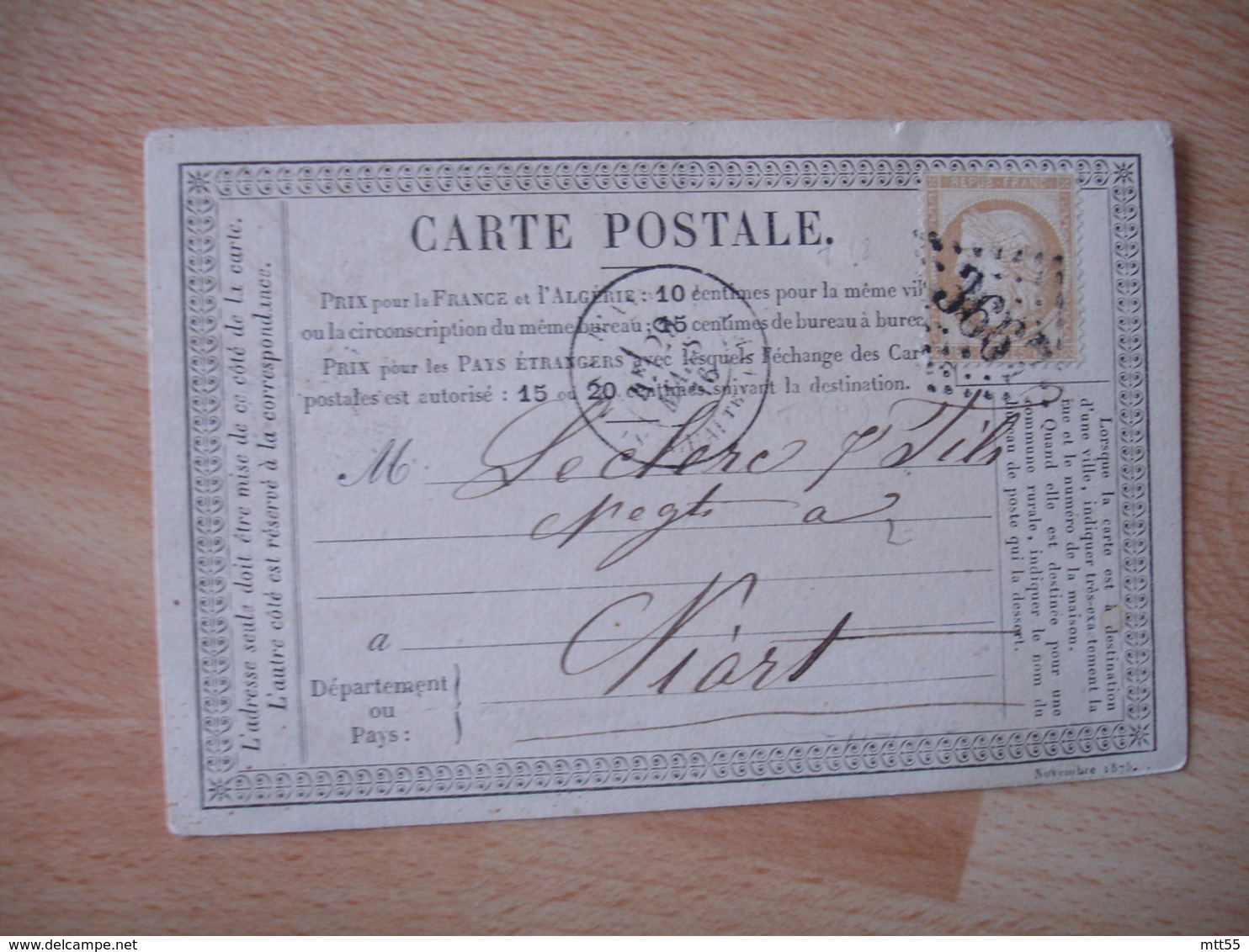 Carte Postale Precurseur Bureau A Bureau Saint Jean D Angely Cachet Type 18  Gros Chiffre 3667 Timbre Ceres 15 C - 1877-1920: Periodo Semi Moderno