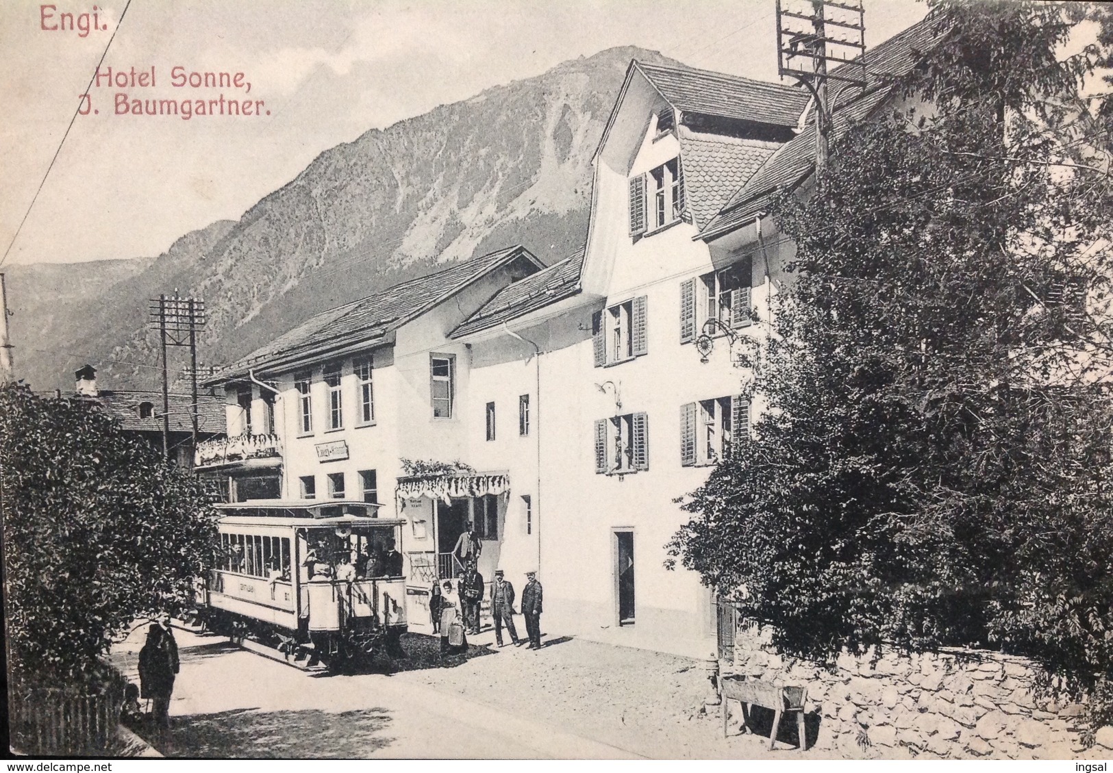 Switzerland....ENGI......" Hotel Sonne, J. Baumgartner " .....Street Scene, Trolley....ca. 1910 - Engi