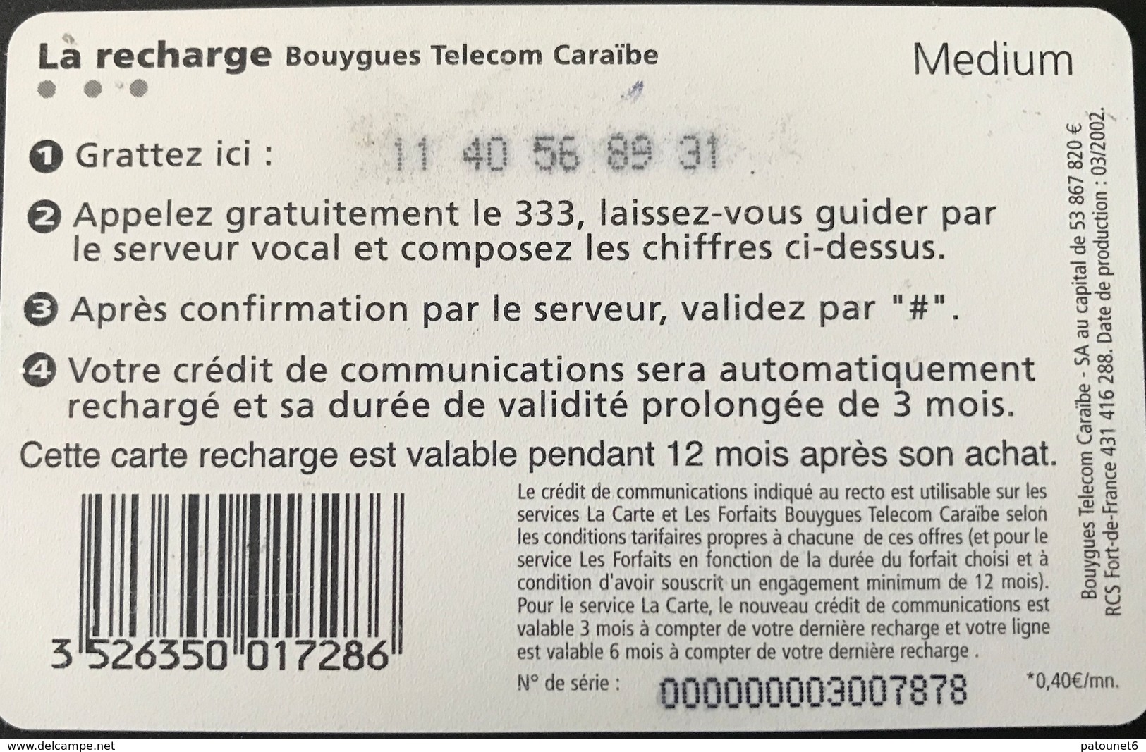 ANTILLES FRANCAISES - Bouygues Telecom Caraïbe - Recharge 20 Euros  - Medium - " Les Rencontres " - Antillas (Francesas)