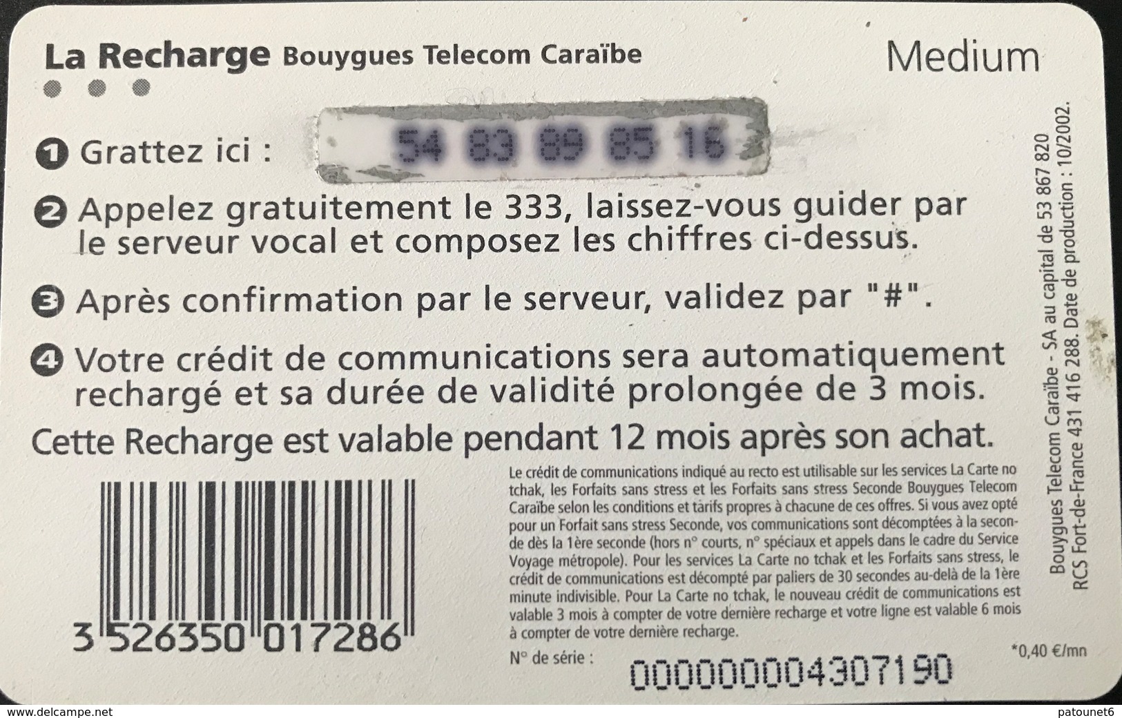 ANTILLES FRANCAISES - Bouygues Telecom Caraïbe - Recharge 20 Euros - Medium - " La Surprise Vocale " - Antillen (Frans)