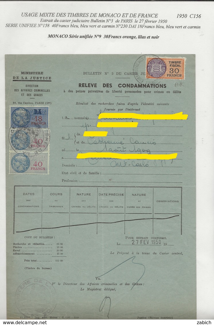 FISCAUX DE FRANCE  USAGE MIXTE FRANCE/MONACO  1949 RARE Forte Cote Sfu N°230 180€ - Fiscaux