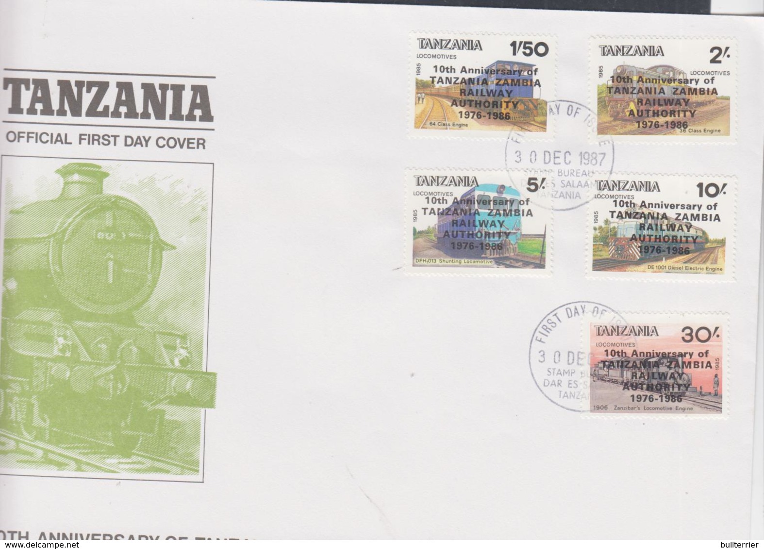 TANZANIA - 1987- RAILWAY LOCOMOTIVES SET OF 5  ON ILLUSTRATED FIRST DAY COVER - Tanzania (1964-...)