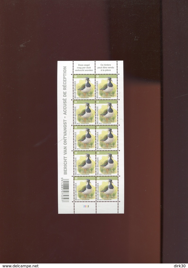 Belgie Buzin Curiositeit Stipje In AR Balk Zegel 3 4367 2e Druk LICHTGROEN !!! AR Volledig Velletje  MNH Plaatnummer 2 - 1985-.. Vogels (Buzin)