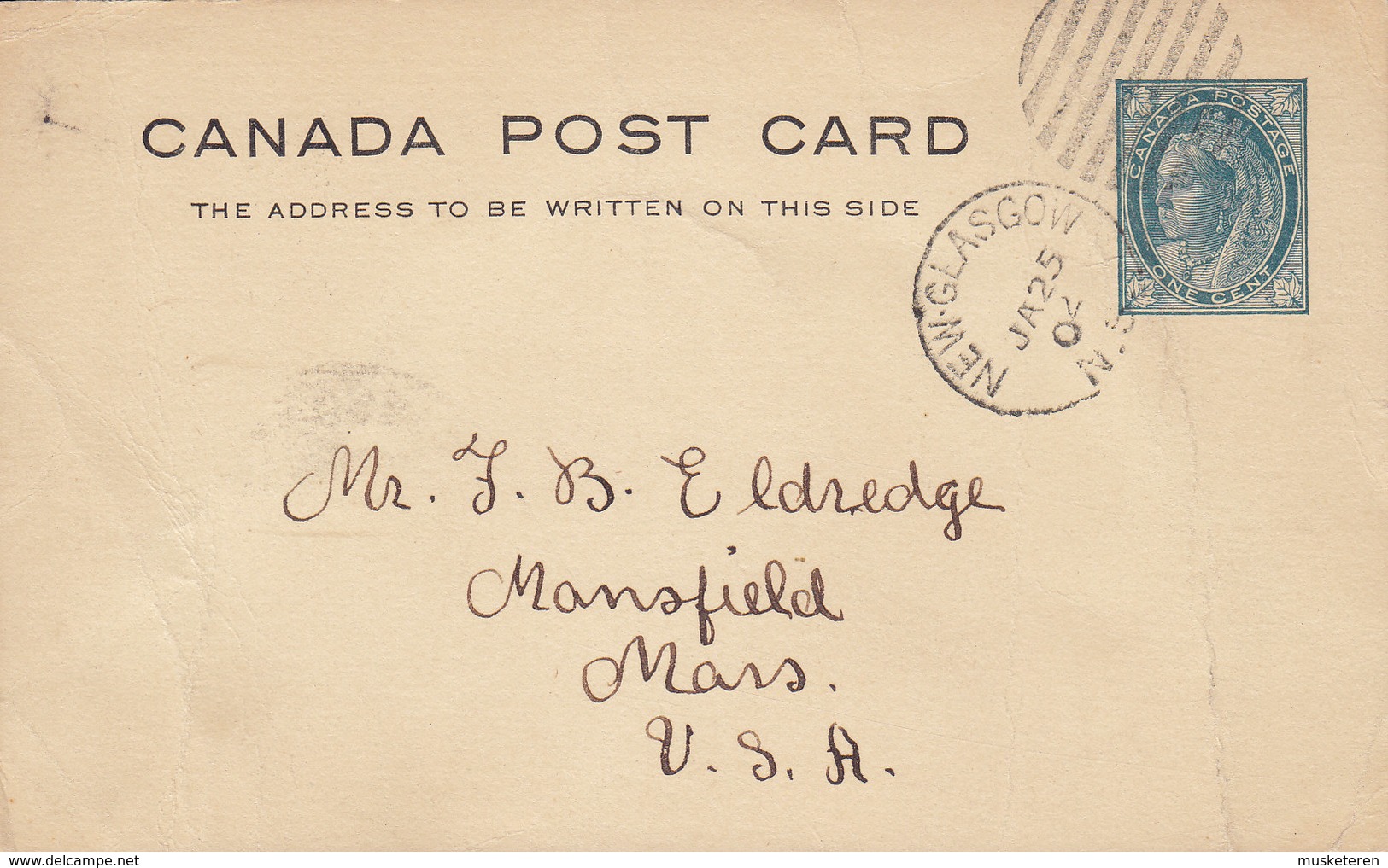 Canada Postal Stationery Ganzsache Entier Victoria NEW-GLASGOW Nova Scotia 1902 MANSFIELD Mass. United States - 1860-1899 Reinado De Victoria