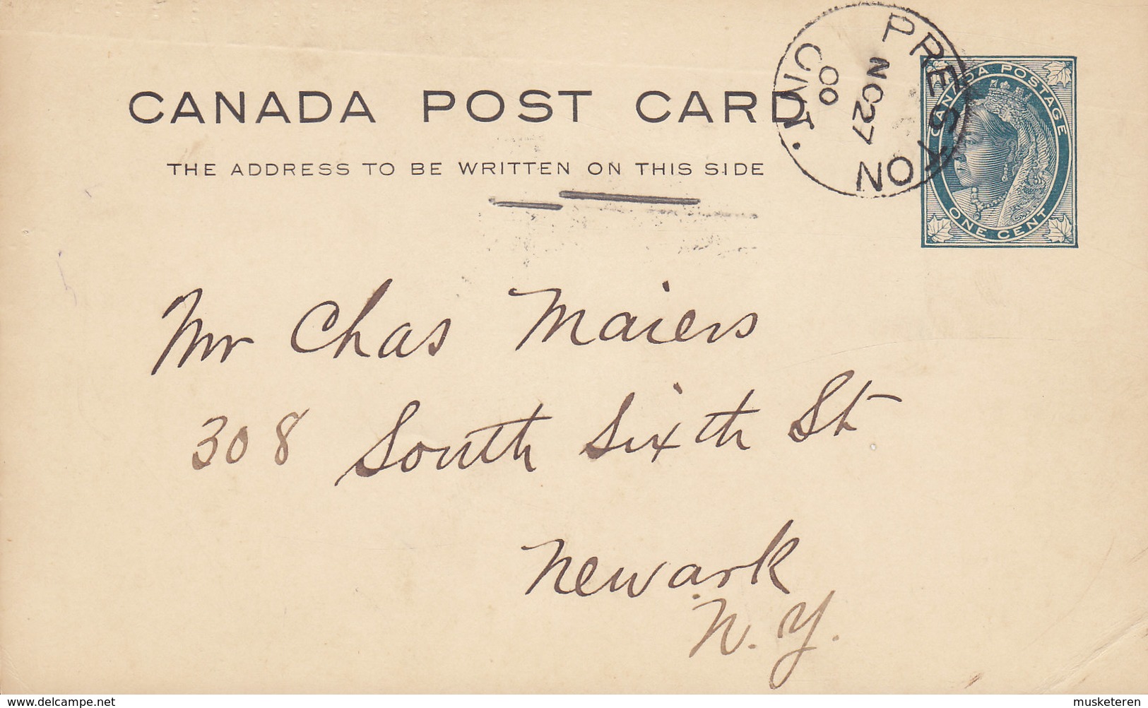 Canada Postal Stationery Ganzsache Entier Victoria PRESTON Ontario 1900 NEWARK Line Cds. (Arr.) United States - 1860-1899 Reinado De Victoria