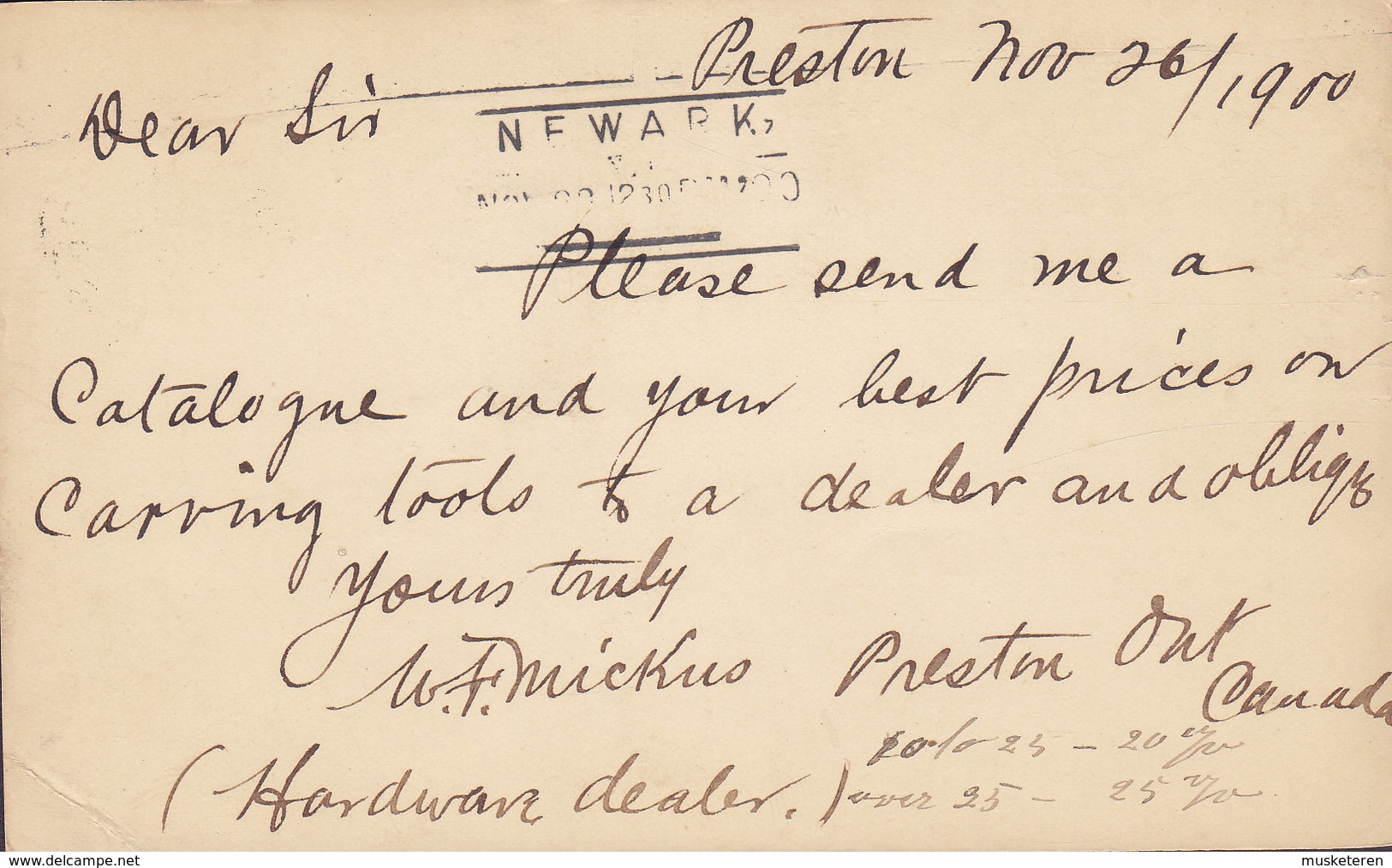 Canada Postal Stationery Ganzsache Entier Victoria PRESTON Ontario 1900 NEWARK Line Cds. (Arr.) United States - 1860-1899 Reinado De Victoria