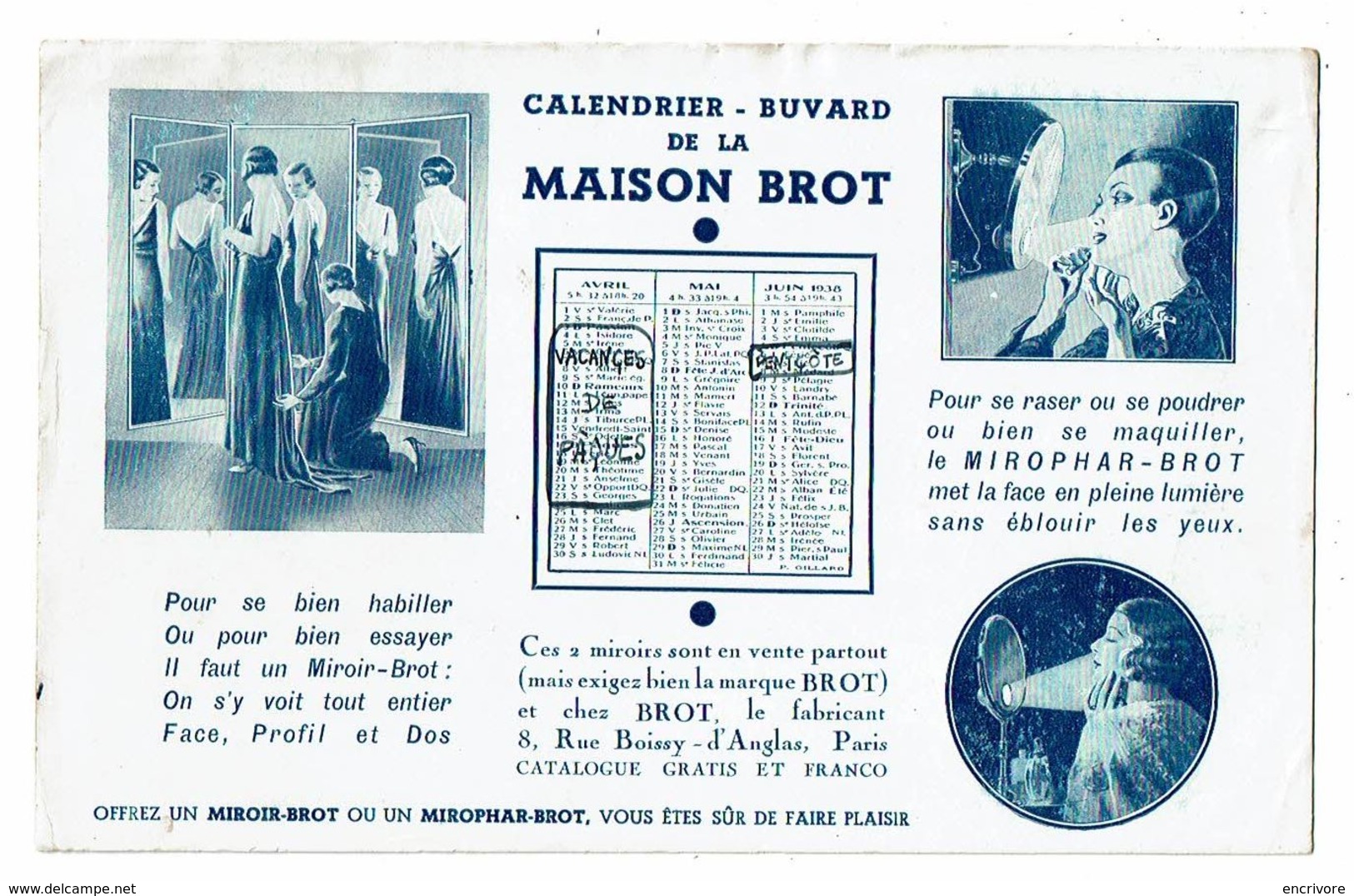Buvard Calendrier 1938 MAISON BROT Mode Miroir Mirophar Brot - Perfumes & Belleza