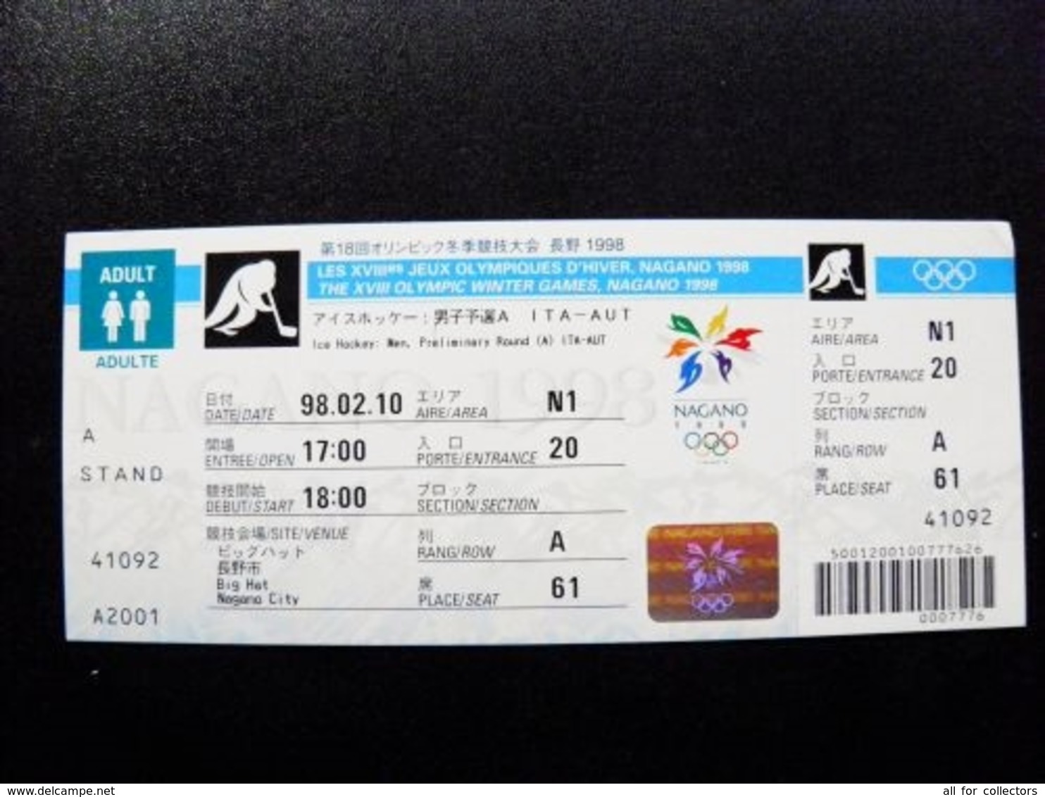 Entry Ticket Olympic Games Nagano Japan 1998 Ice Hockey NOT USED! With Controle - Toegangskaarten
