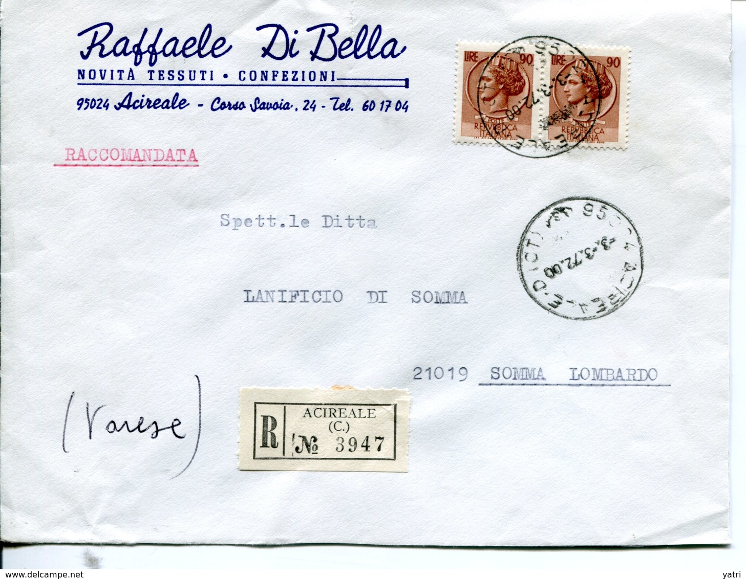 Italia (1972) - Raccomandata Da Acireale (CT) - 1971-80: Marcophilia