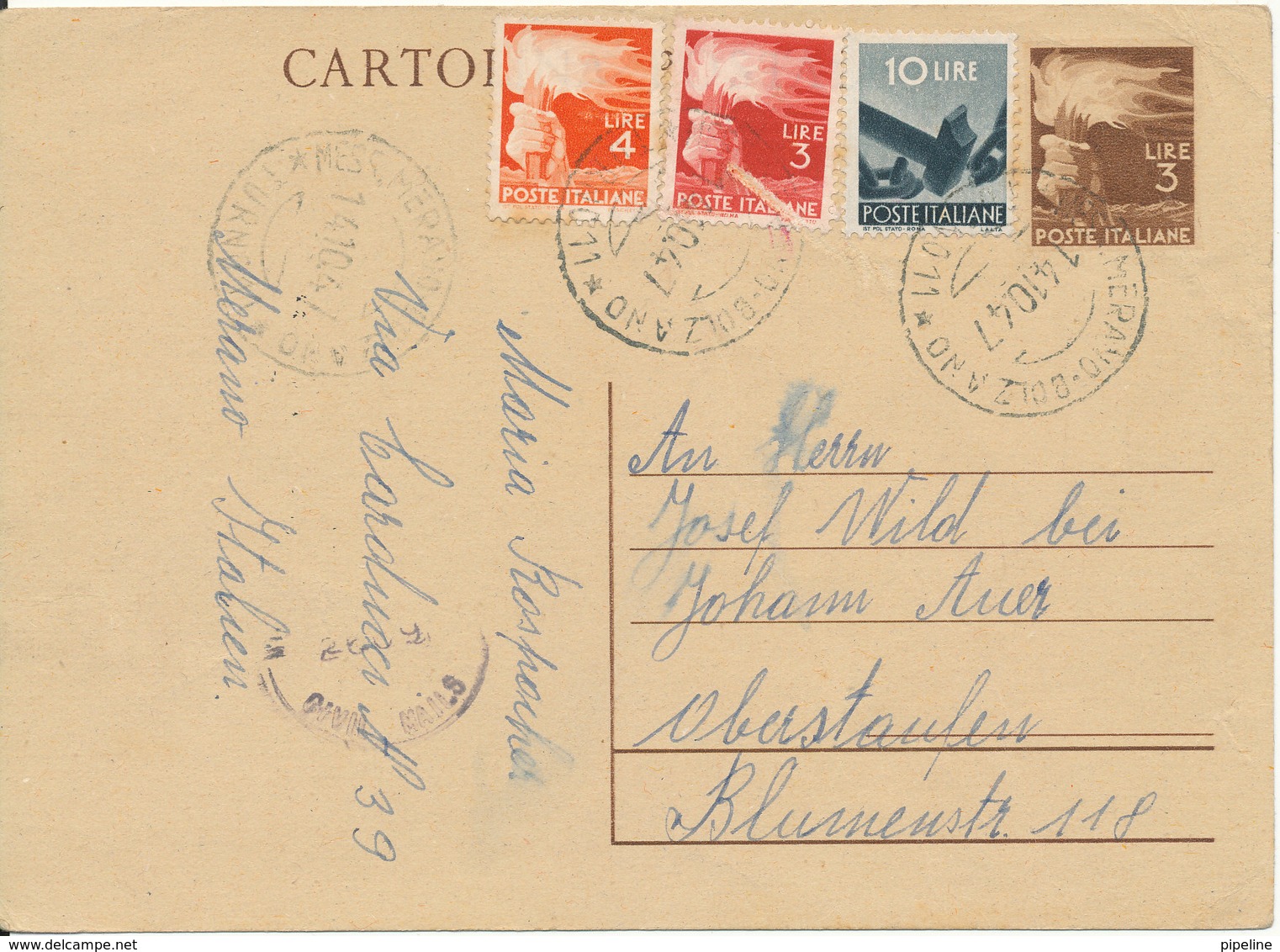 Italy Postal Stationery Postcard Uprated And Sent To Germany Merano 14-10-1947 - Stamped Stationery