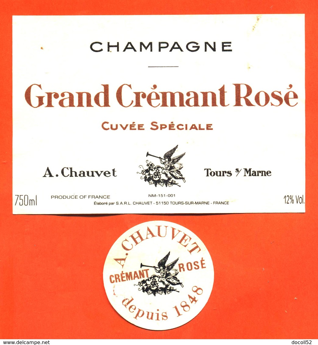 étiquette + Collerette De Champagne Grand Crémant Rosé A Chauvet à Tours Sur Marne - 75 Cl - Champagne